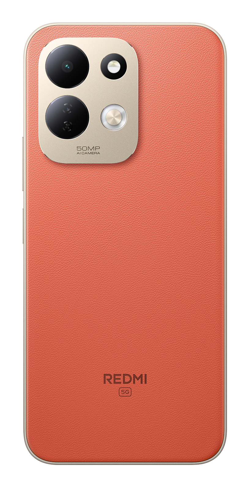 Rückseite eines orangefarbenen Redmi 5G Smartphones mit goldenem Kameramodul.