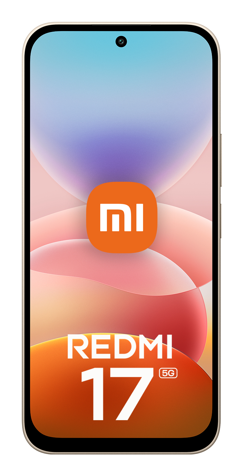 Frontansicht des Redmi 17 5G Smartphones mit orangem Xiaomi-Logo und Farbverlaufshintergrund.
