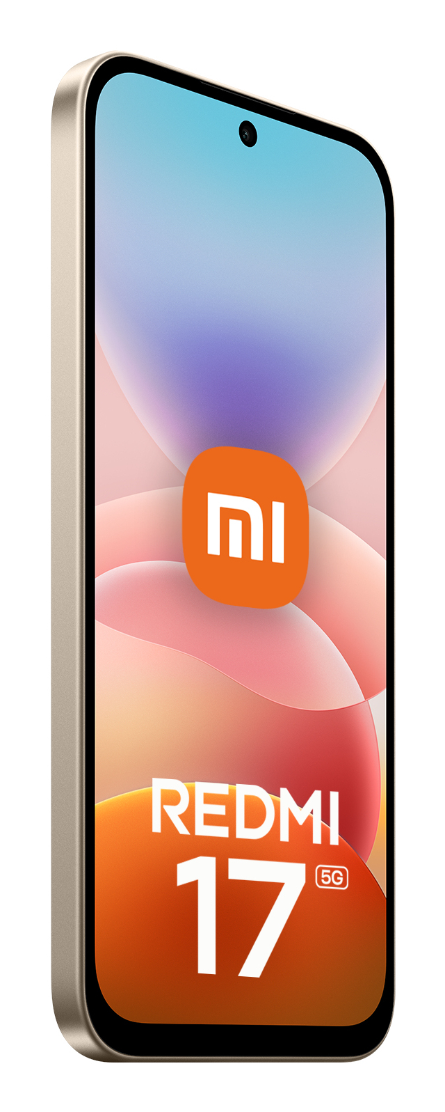 Ein goldenes Smartphone mit dem Redmi 17 5G Logo und dem Xiaomi Logo auf dem bunten Bildschirm.