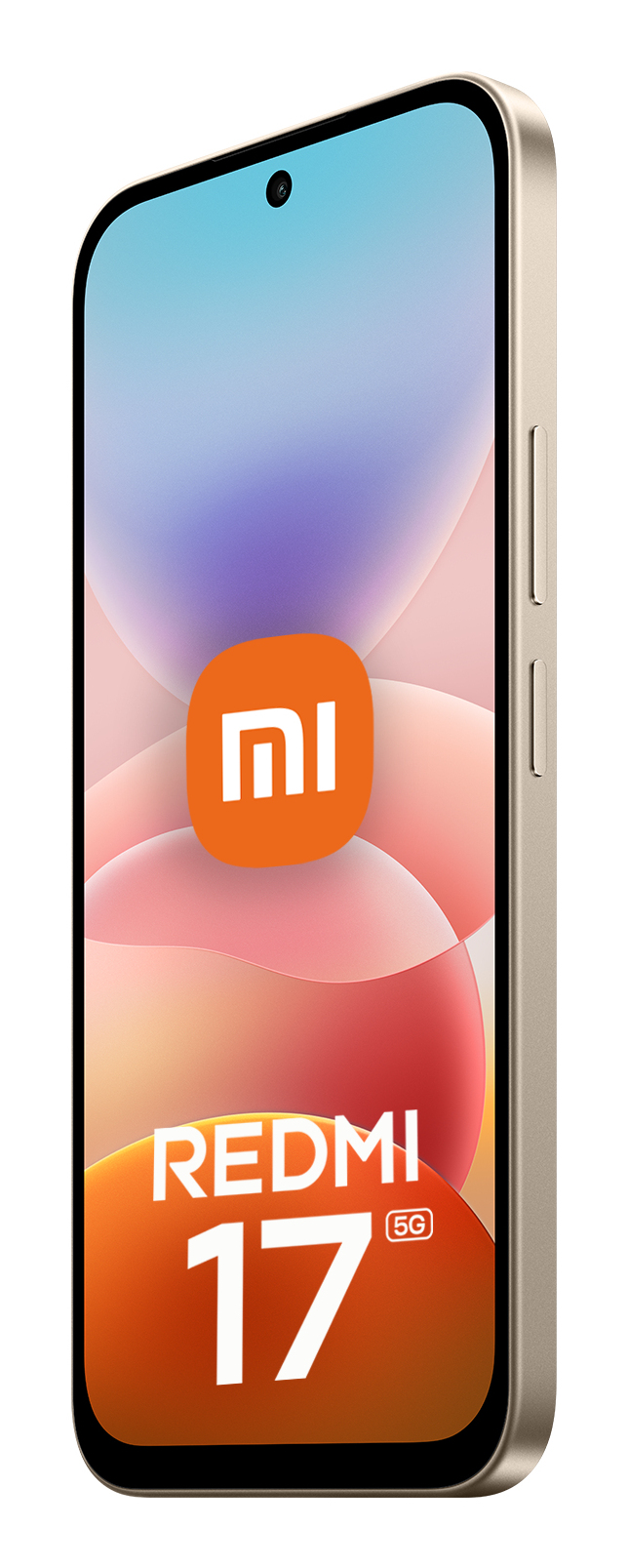 Ein leicht geneigtes, beiges Smartphone zeigt das Xiaomi-Logo und Redmi 17 5G auf dem bunten, abstrakten Hintergrund.