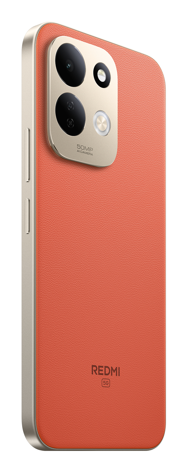 Rückseite eines orangen Redmi 5G Smartphones mit goldenem Kameramodul und lederartiger Textur.