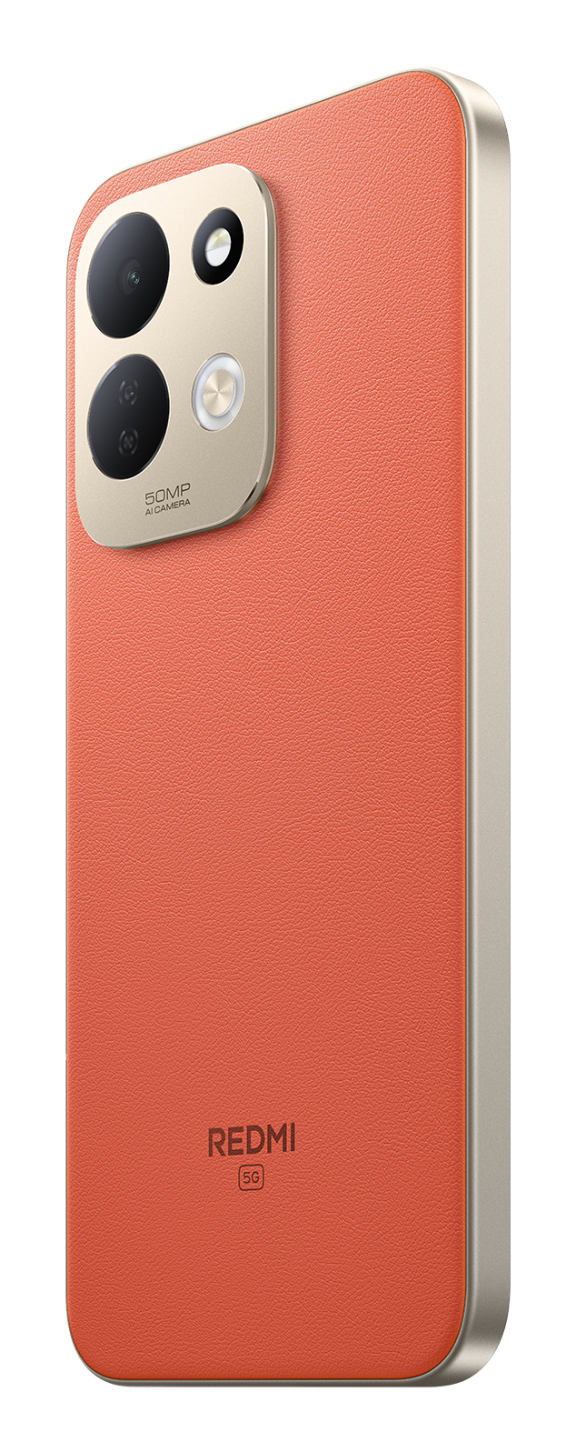Redmi 5G Smartphone in orangefarbenem Kunstleder mit goldenem Kameramodul auf weißem Hintergrund.