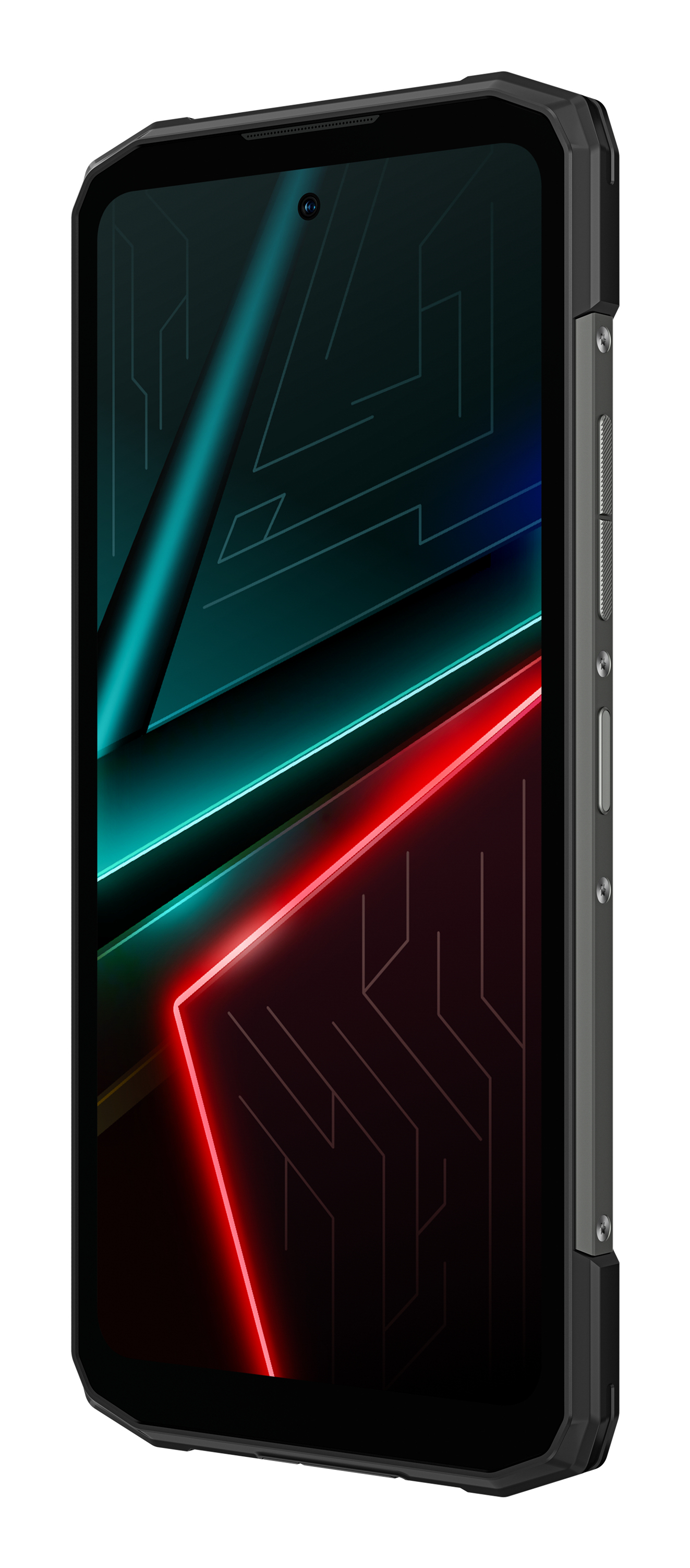 Un smartphone resistente negro con fondo de pantalla futurista y botones físicos laterales.