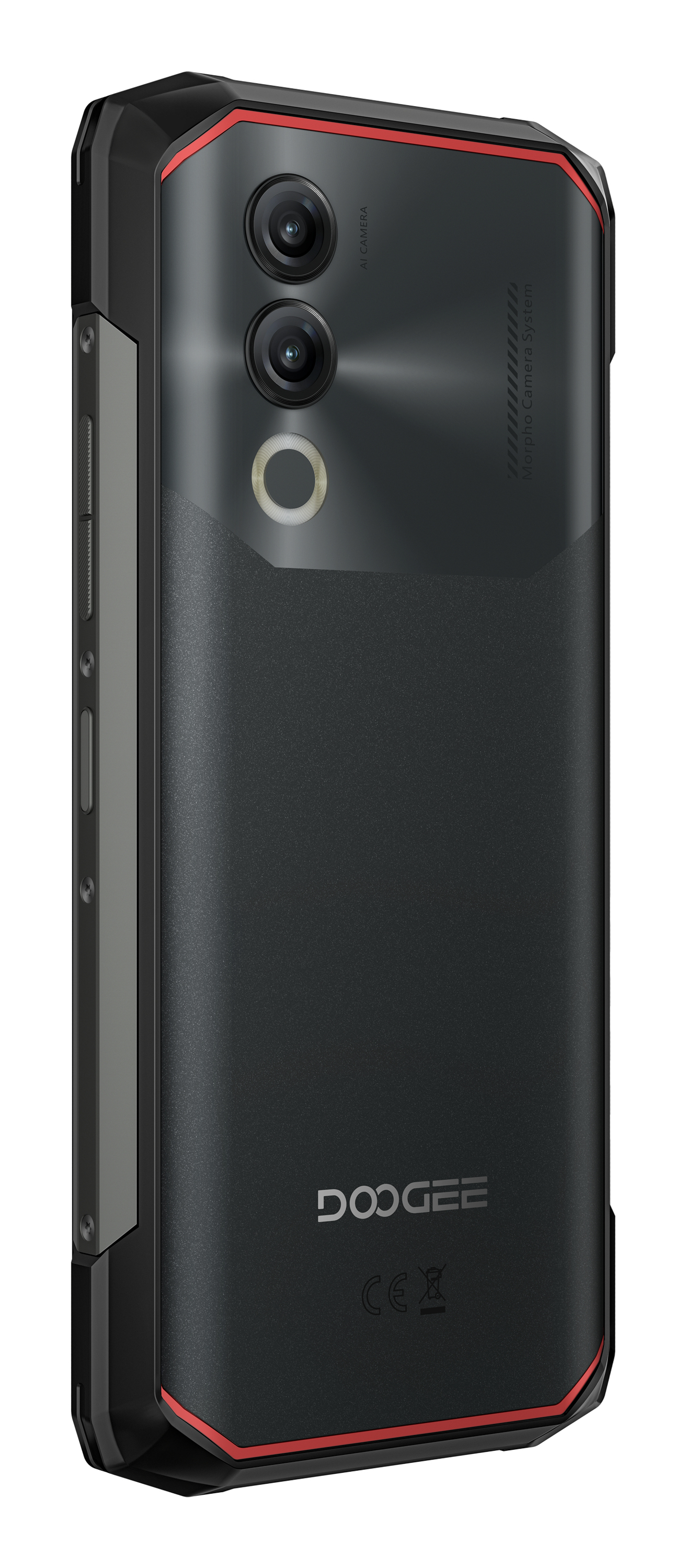 Parte trasera de un teléfono inteligente Doogee negro resistente con doble cámara vertical y detalles rojos.