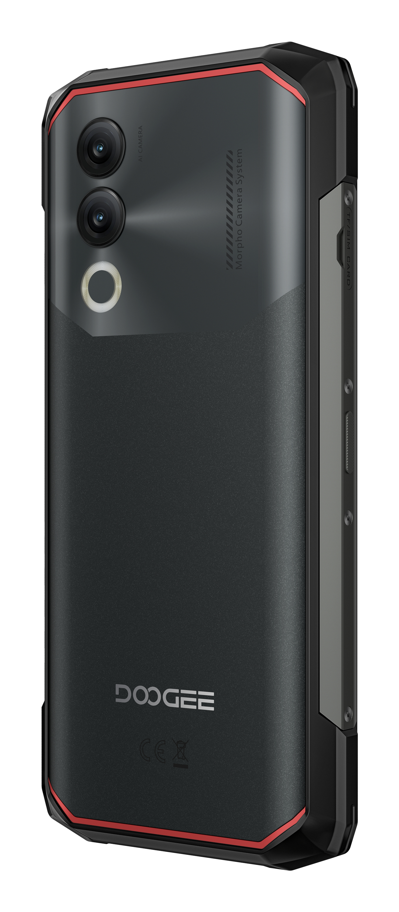 Parte trasera de un smartphone Doogee negro resistente con dos cámaras y detalles en rojo.
