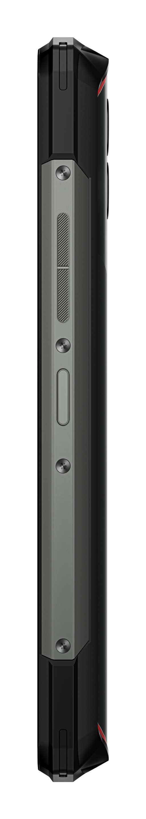 Vista lateral de un smartphone negro resistente con placas metálicas y tornillos.