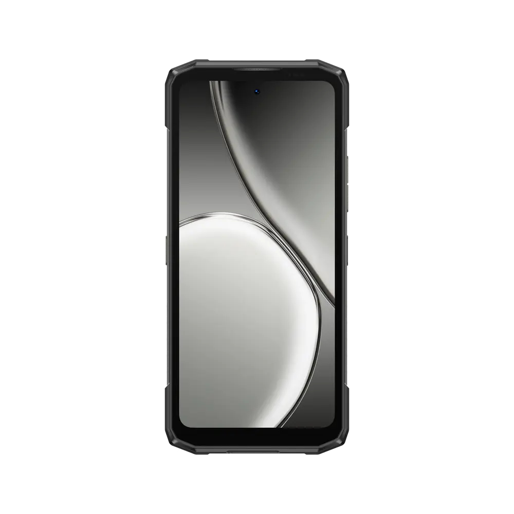 Wytrzymały czarny smartfon z abstrakcyjną srebrną grafiką w tle na ekranie.