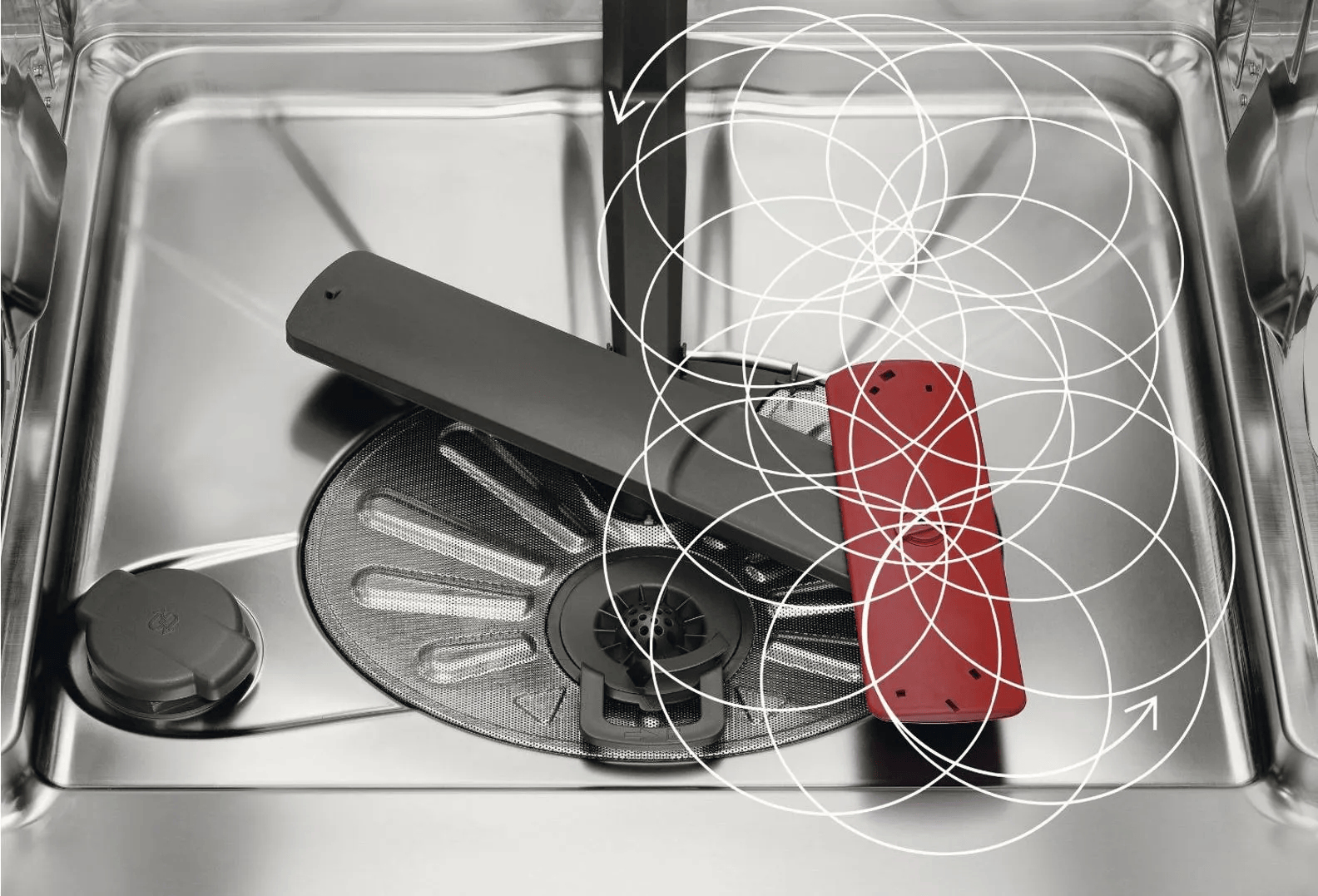 Fondo lavastoviglie in acciaio inox con mulinello rosso e nero e motivi circolari bianchi.