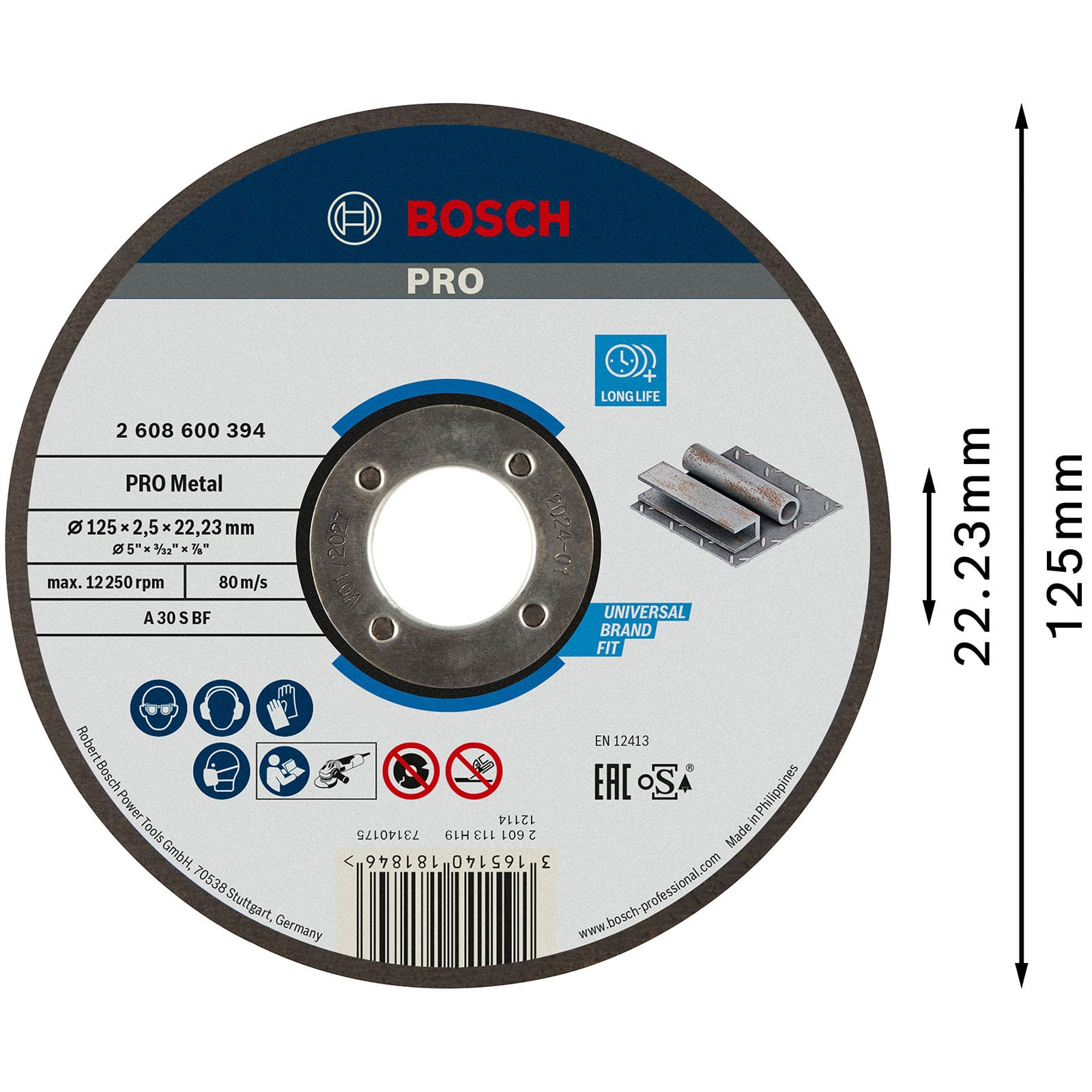Tarcza tnąca Bosch PRO Metal, średnica 125 mm, ze specyfikacją i symbolami bezpieczeństwa.