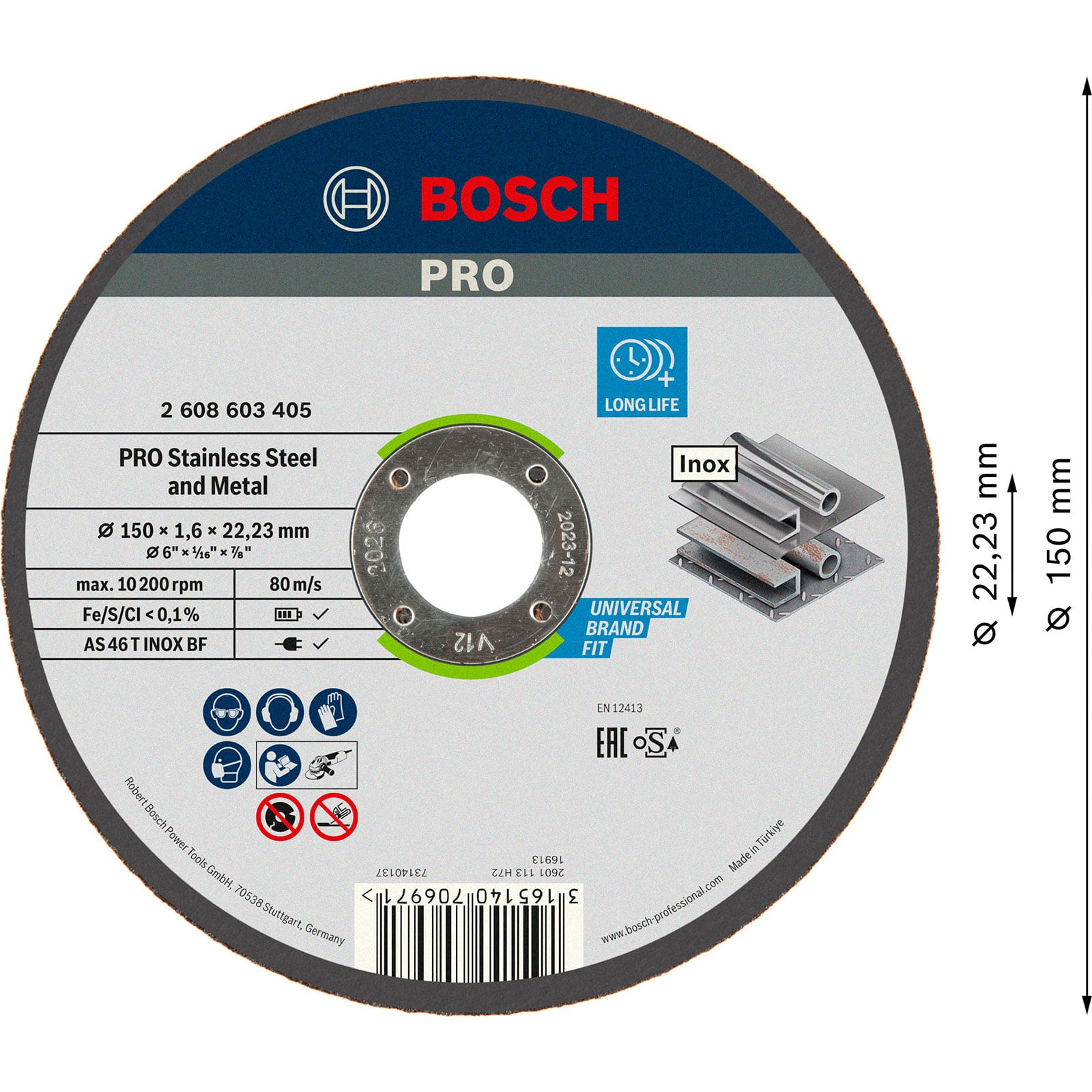 Bosch Pro Trennscheibe für Edelstahl und Metall, 150 mm Durchmesser und 1,6 mm Dicke, mit Maßangaben an der Seite.