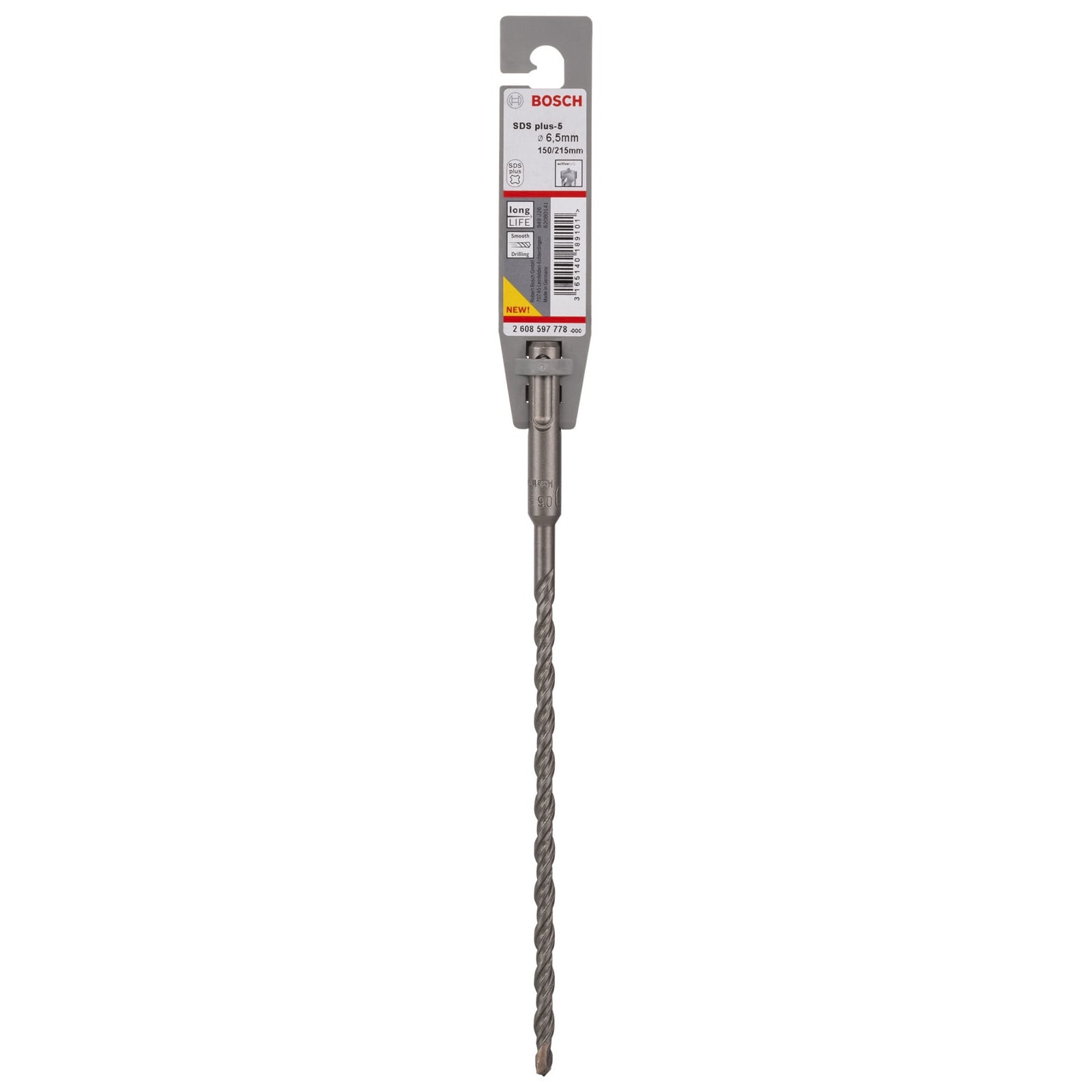 Wiertło udarowe Bosch SDS plus-5 w oryginalnym opakowaniu na białym tle.