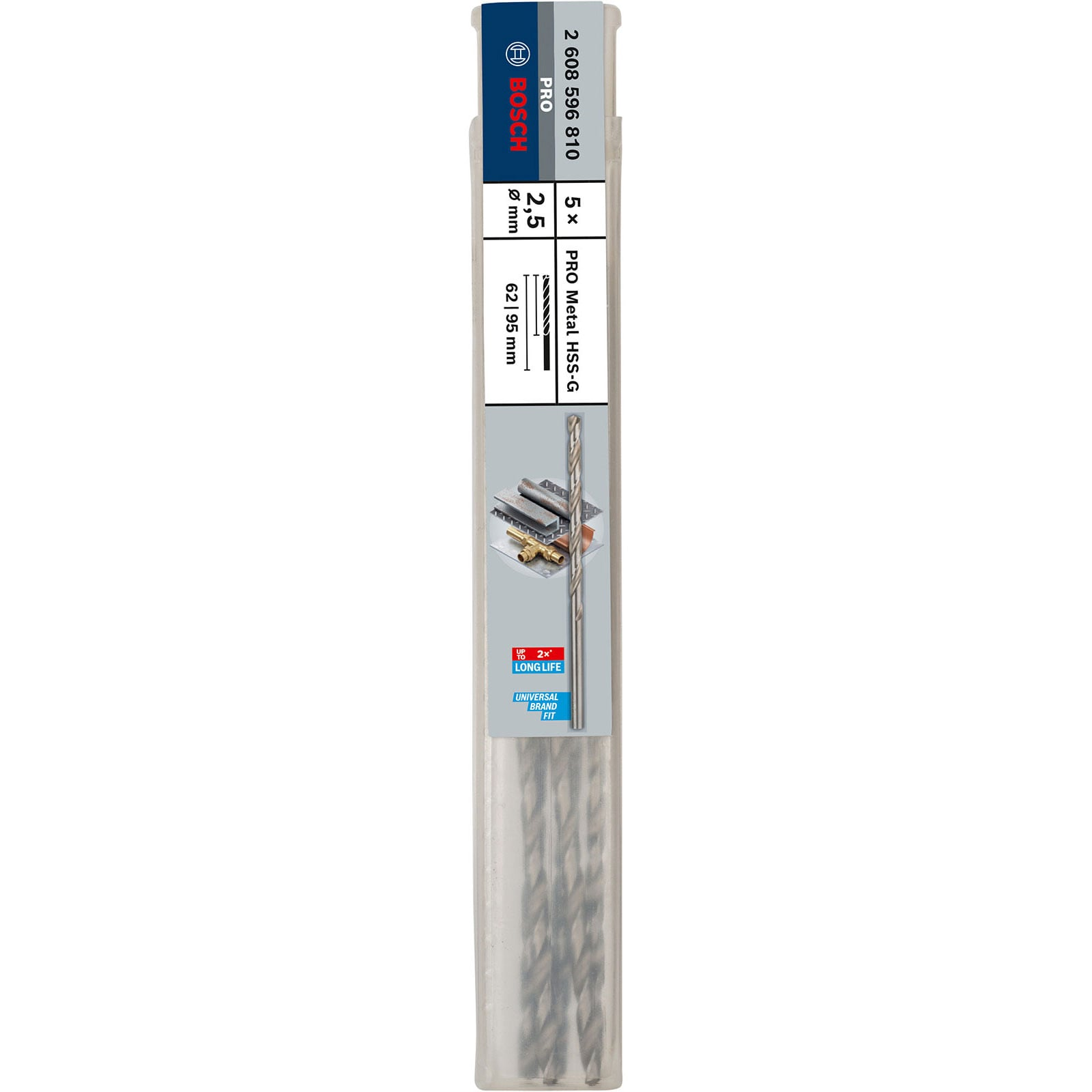Bosch PRO Metal HSS-G Bohrer-Set in transparenter Verpackung mit Produktinformationen.