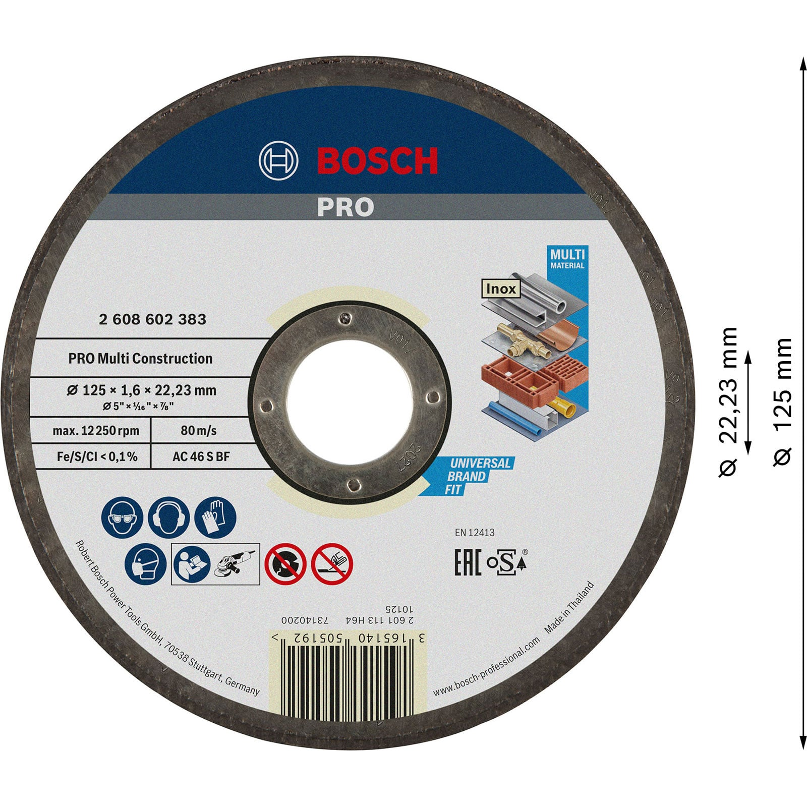 Tarcza tnąca Bosch PRO Multi Construction, średnica 125 mm, ze specyfikacją techniczną i symbolami bezpieczeństwa.