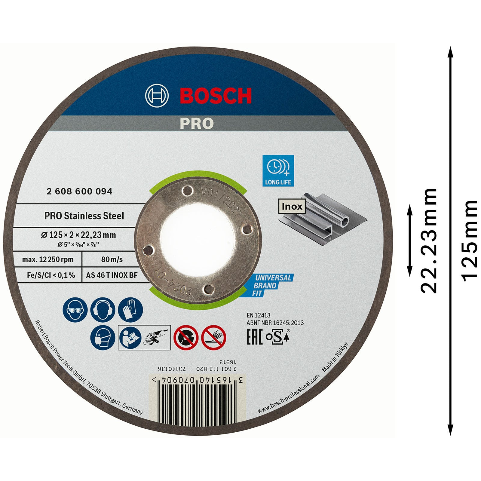 Bosch PRO Trennscheibe für Edelstahl mit technischen Daten, Maßen 125x22,23mm und Sicherheitssymbolen.