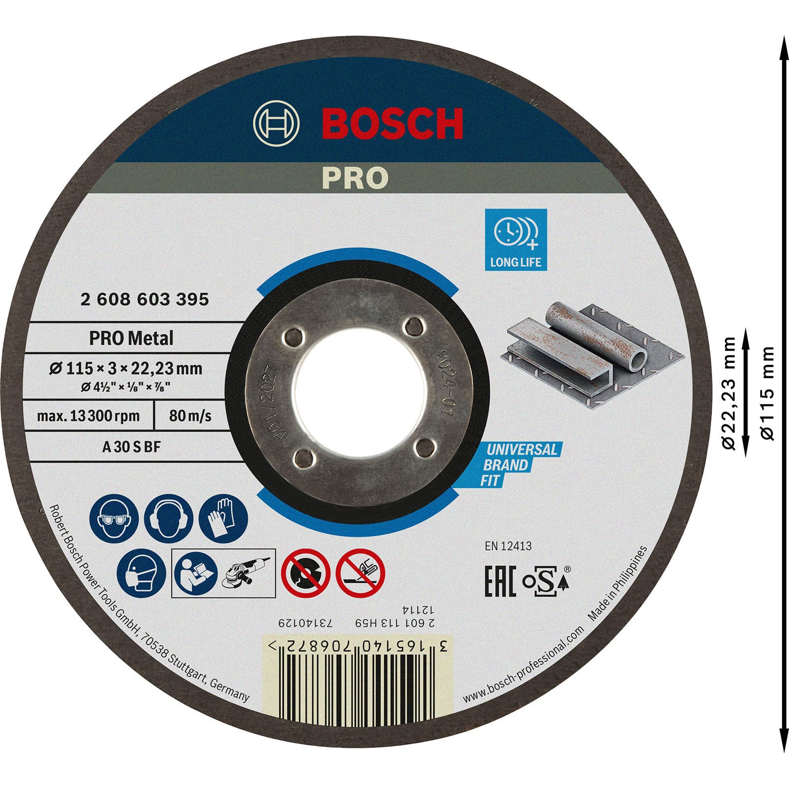 Blaue Bosch PRO Metallscheibe mit Produktdetails und Sicherheitssymbolen.
