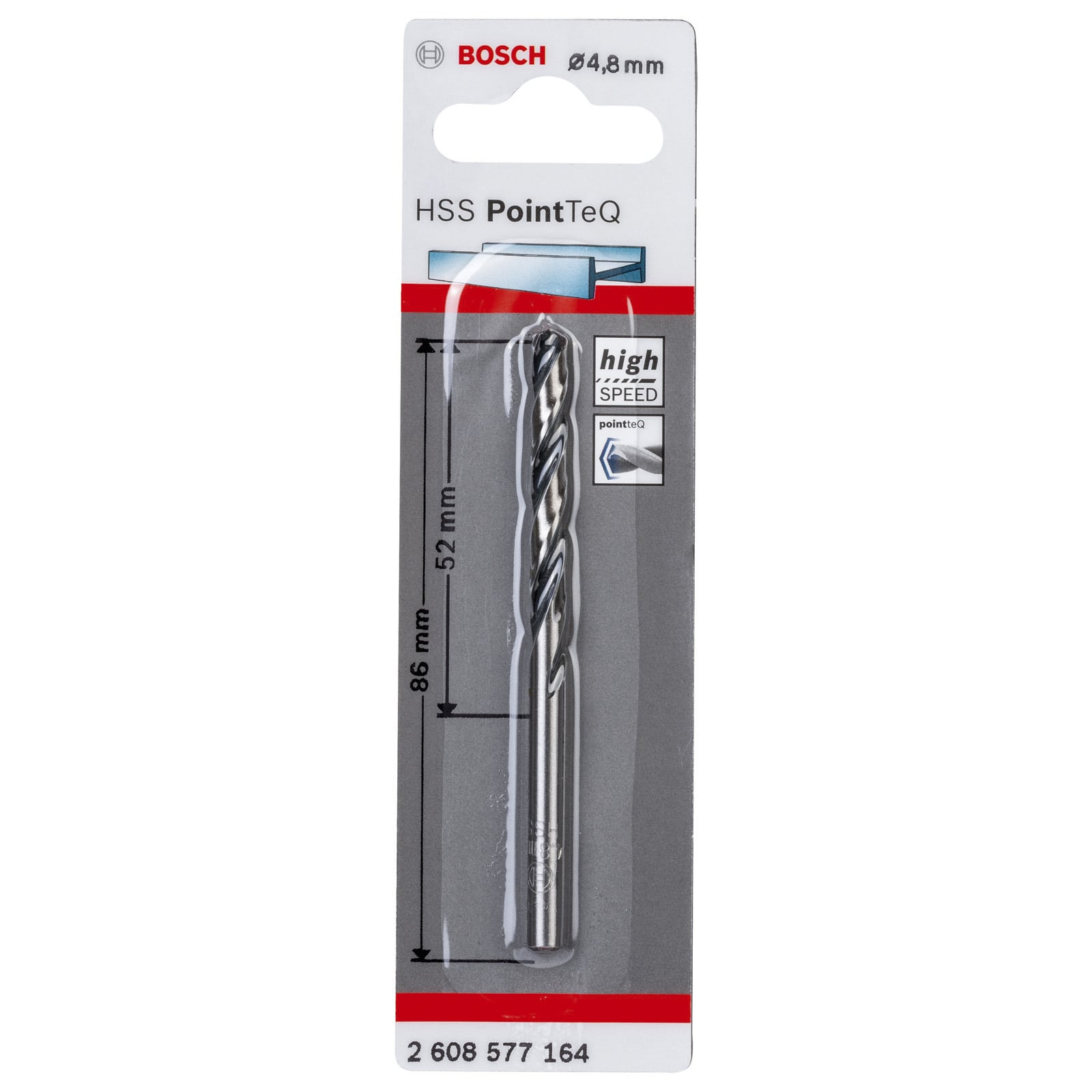 Una punta per trapano Bosch HSS PointTeQ da 4,8 mm nella sua confezione.