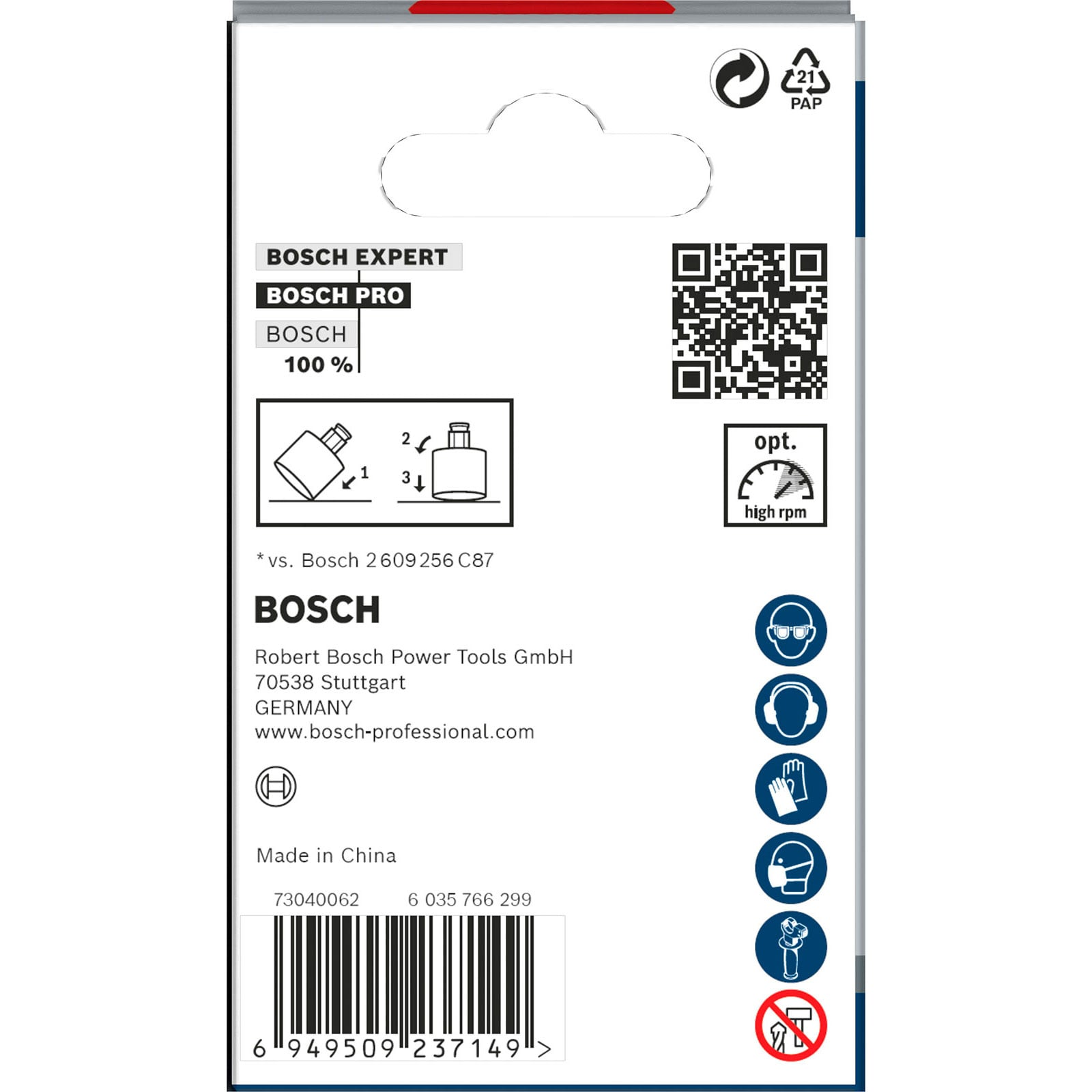 Rückseite einer Bosch-Verpackung mit QR-Code, Anleitungsgrafiken, Sicherheitssymbolen und Barcode.