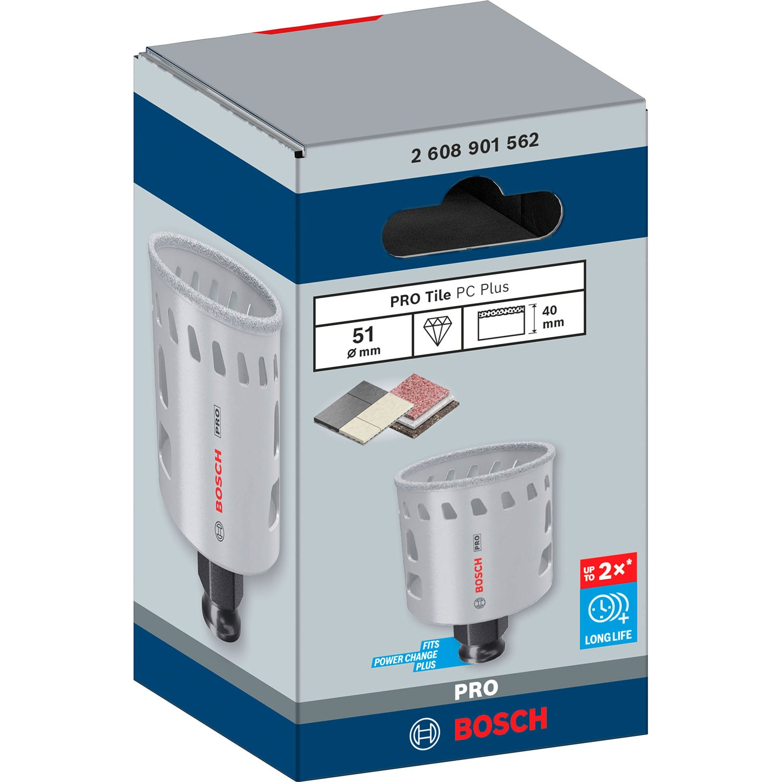 Bosch PRO Tile PC Plus Verpackung mit einer 51mm Diamant-Lochsäge und Produktdetails.