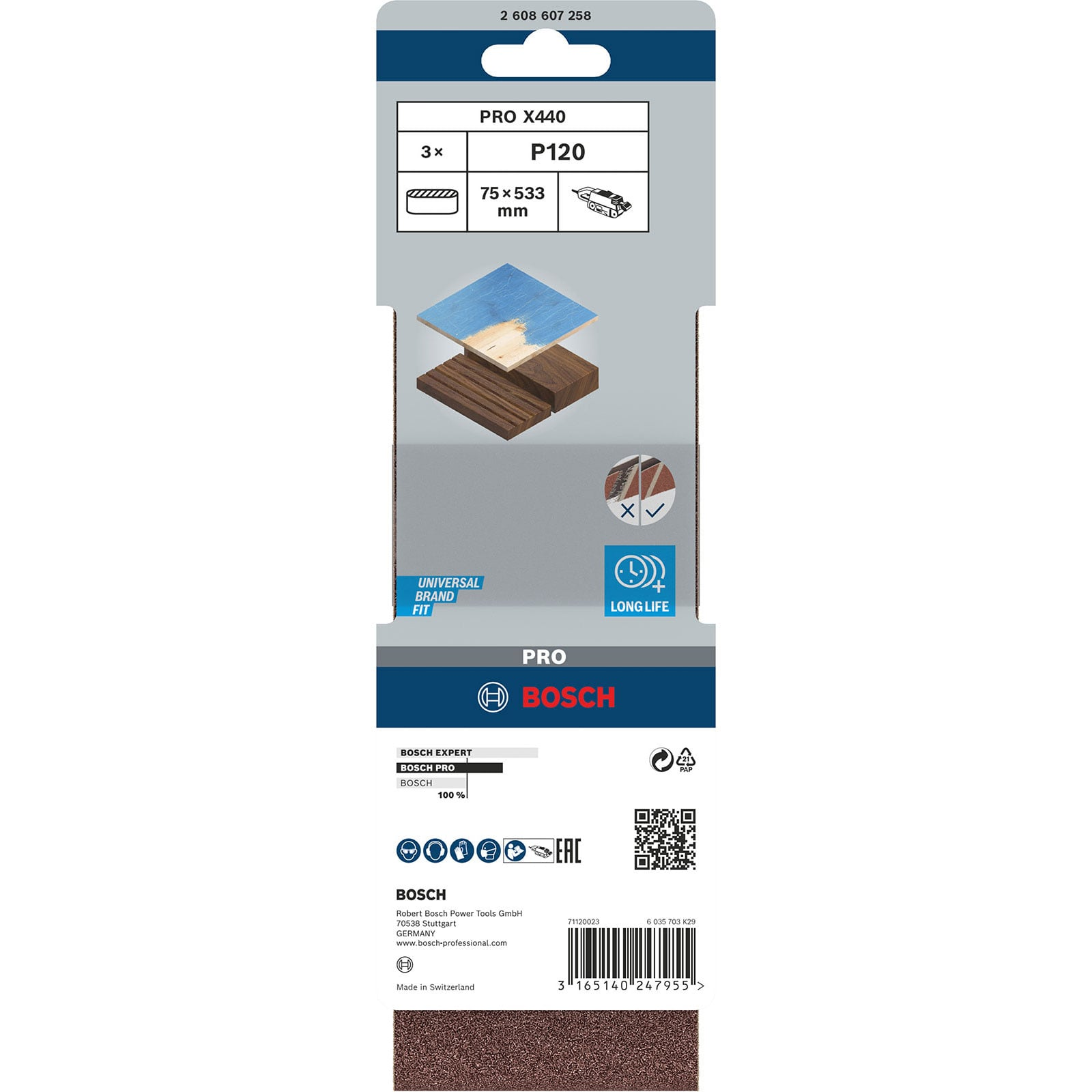 Verpackung für Bosch Pro X440 P120 Schleifbänder, 75x533 mm, mit Markenlogos und Produktdetails.
