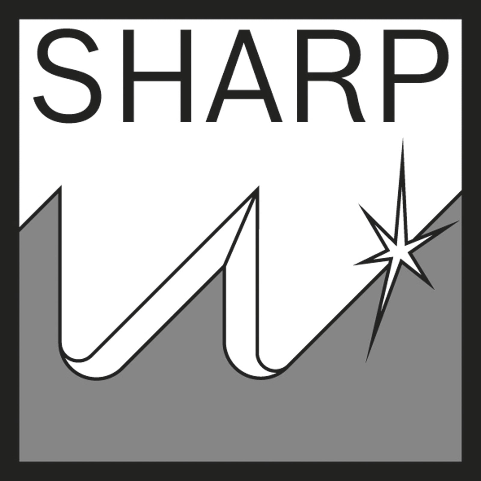 Das Logo zeigt den Text SHARP in schwarzen Großbuchstaben über einer geschwungenen Linie und einem hellen Stern.