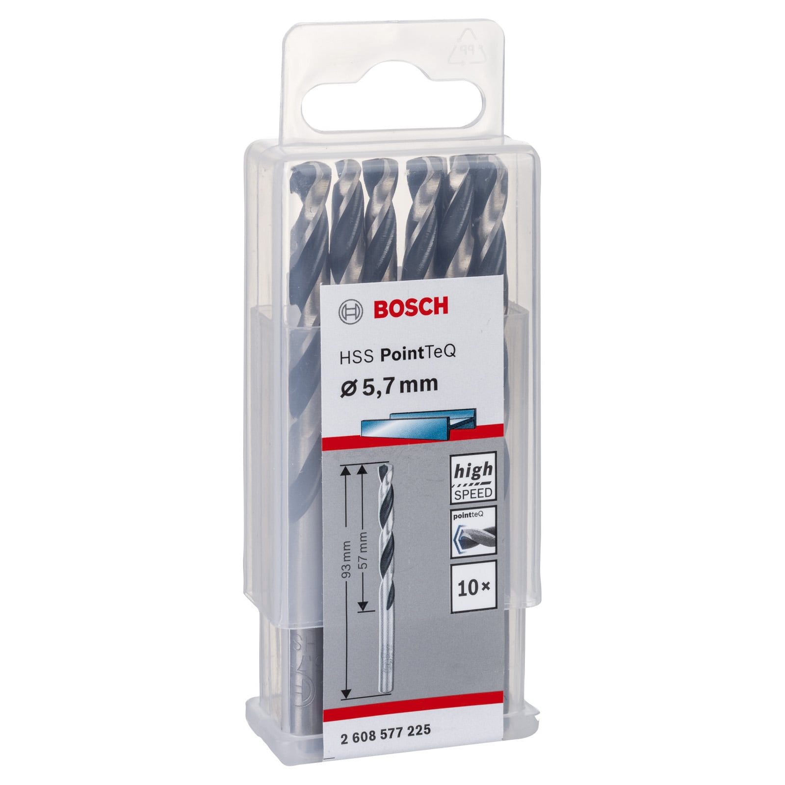 Bosch HSS PointTeQ Metallbohrer 5,7 mm in klarer Kunststoffverpackung.