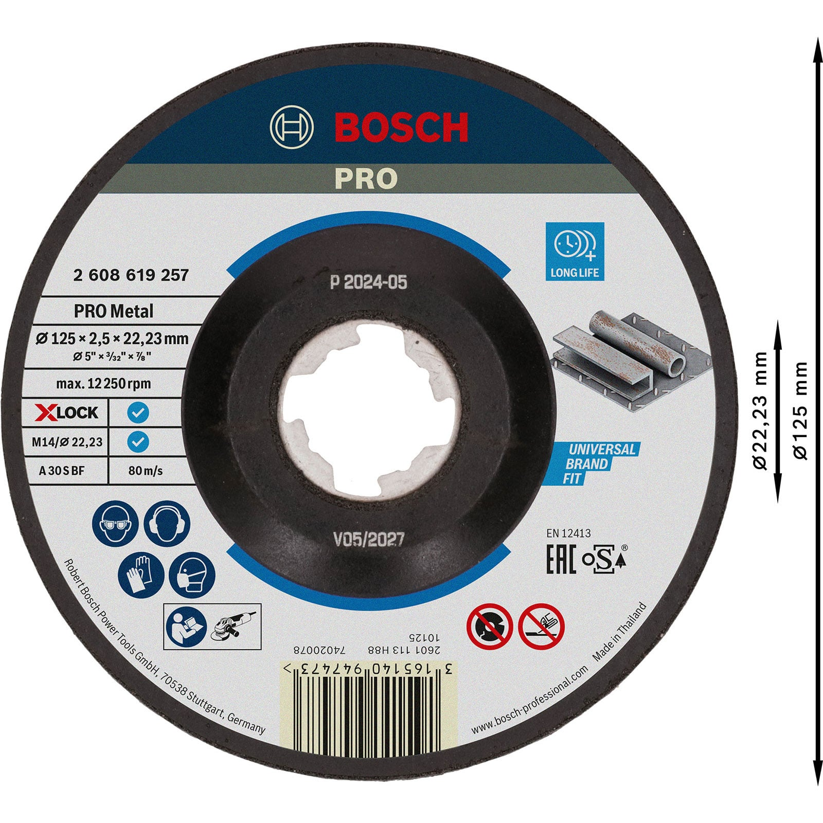 Bosch PRO Metal Trennscheibe mit X-Lock, Durchmesser 125 mm, Spezifikationen und Sicherheitssymbole abgebildet.