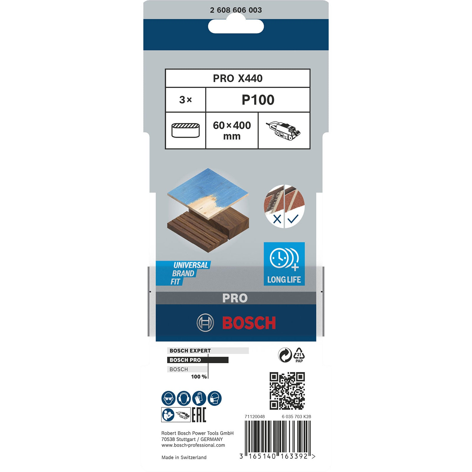 Confezione di nastro abrasivo Bosch PRO X440 con dettagli, dimensioni e logo Bosch.