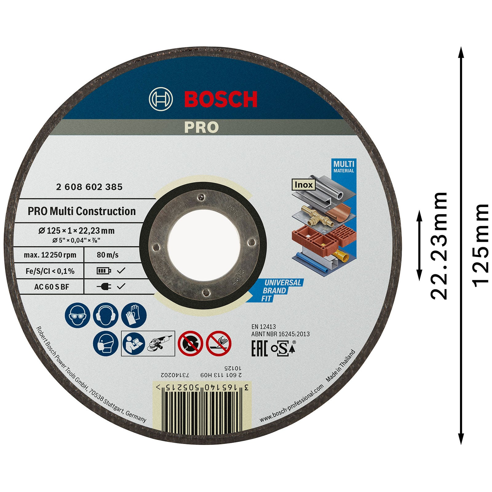 Disco de corte Bosch PRO Multi Construction de 125 x 1 x 22,23 mm con símbolos de seguridad.