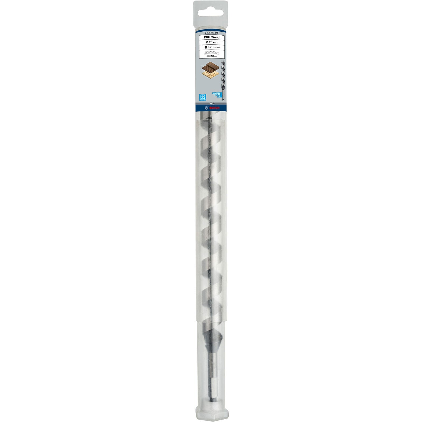 Langer Bosch Holzbohrer mit 26 mm Durchmesser in Verpackung.