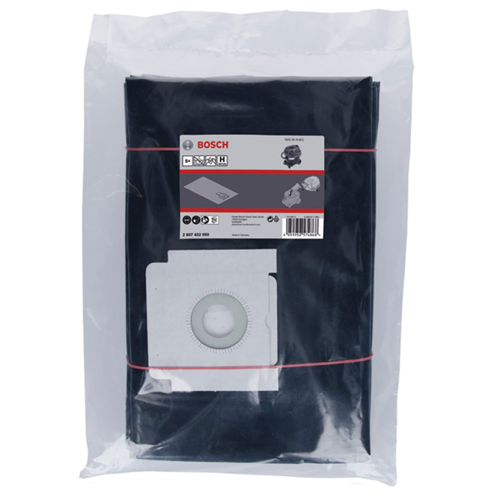Bolsas de eliminación Bosch empaquetadas en una bolsa de plástico transparente con etiqueta.