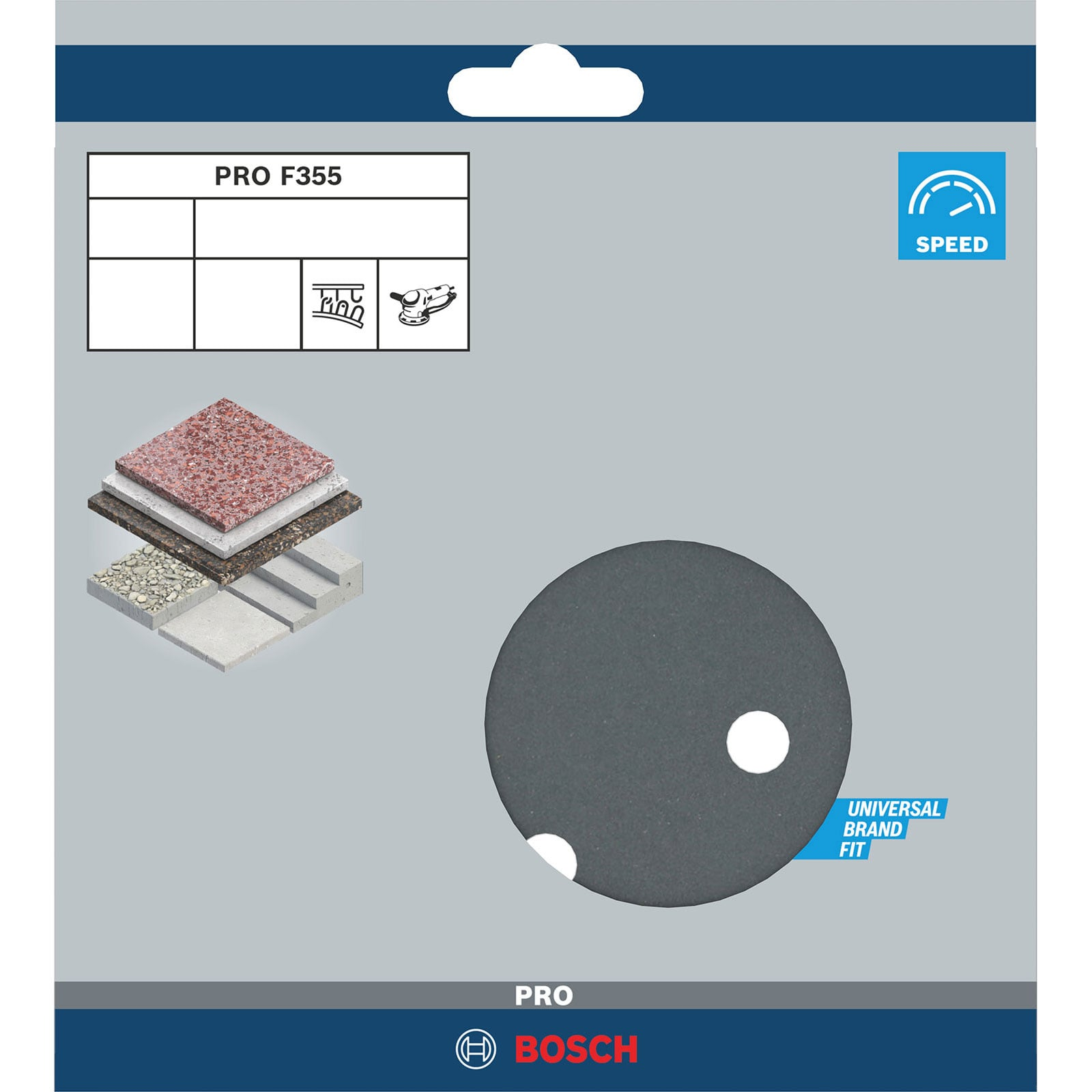 Bosch PRO F355 Schleifpapierverpackung mit grauer Schleifscheibe, Anwendungsdiagrammen und Bosch-Logo.