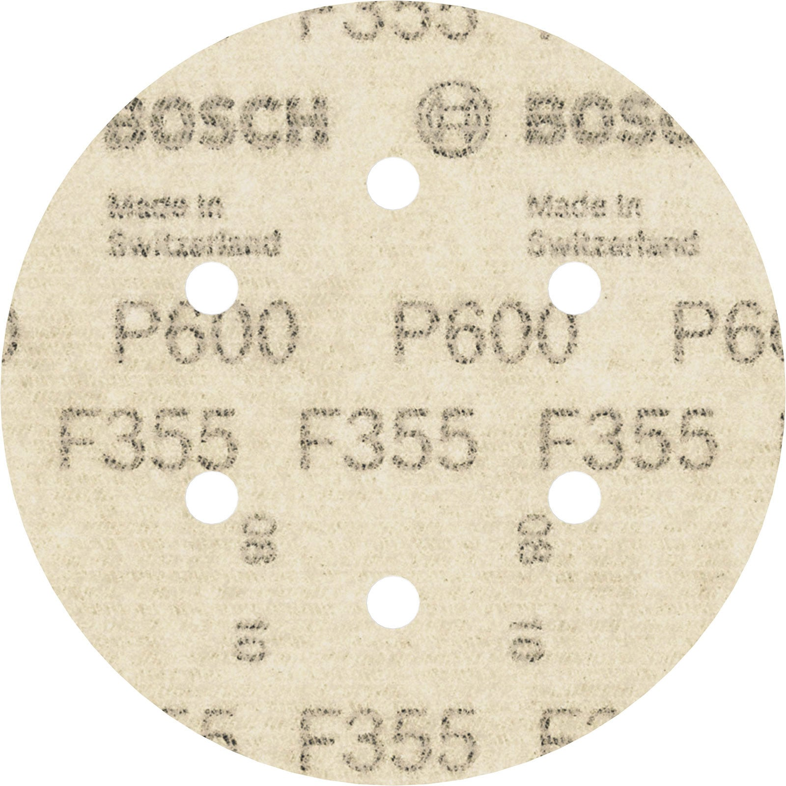 Beige Bosch Schleifscheibe mit sechs Löchern und P600 F355 Aufdruck.