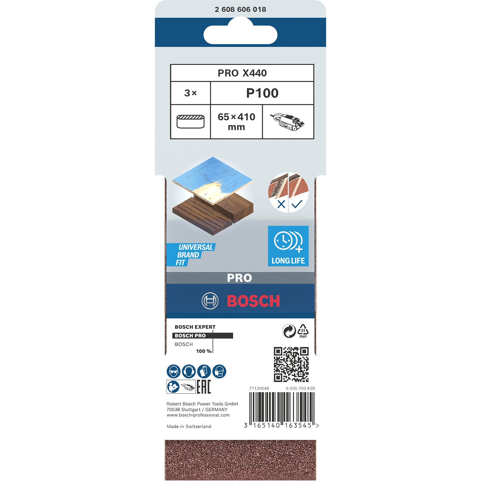 Bosch Pro X440 Schleifpapier P100, 65x410 mm, 3 Stück in Verpackung.