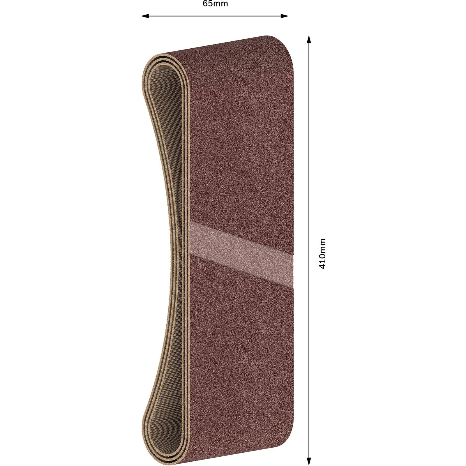 Braunes Schleifband mit Maßen von 65mm Breite und 410mm Höhe auf weißem Hintergrund.