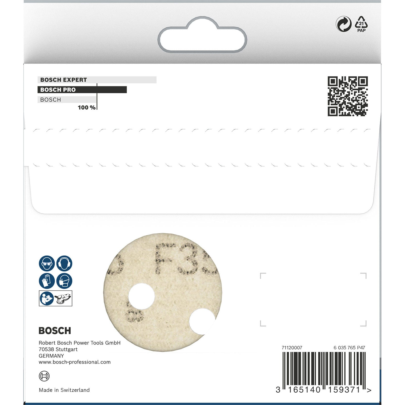 Bosch Schleifpapier Verpackung mit einem runden Schleifblatt, Bosch Logo und Barcode.