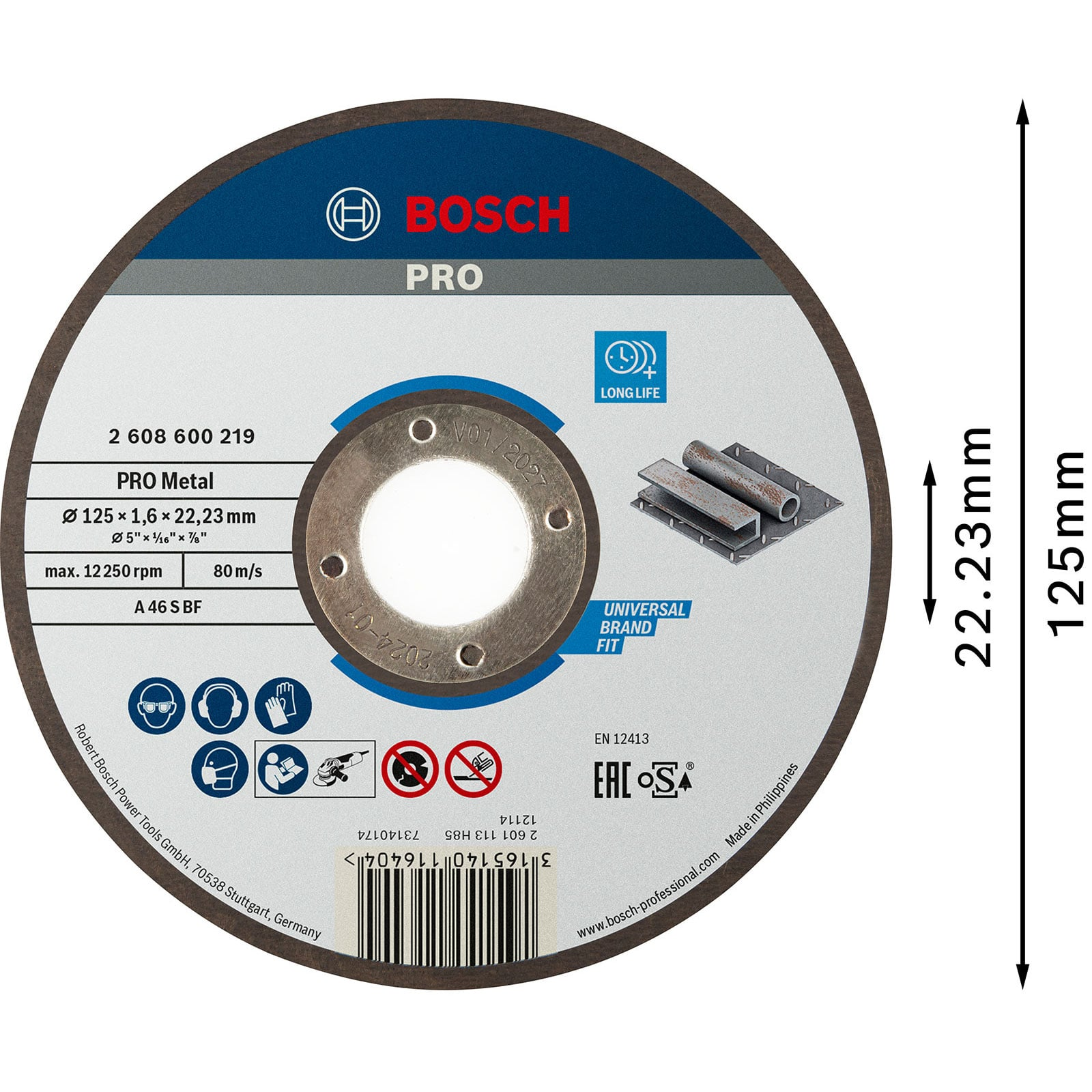 Tarcza do cięcia metalu Bosch PRO o średnicy 125 mm, z informacjami o bezpieczeństwie i produkcie.