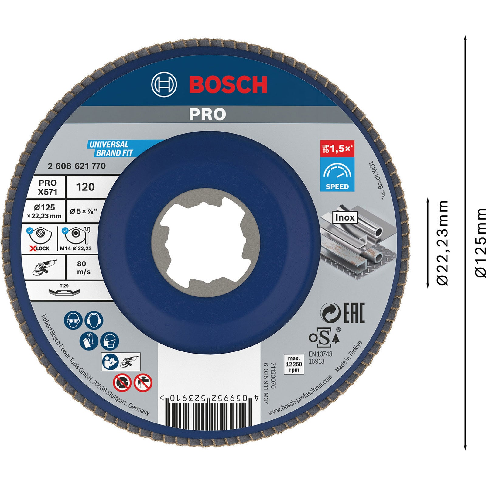 Disque à lamelles Bosch PRO, diamètre 125 mm, avec étiquettes techniques et icônes.