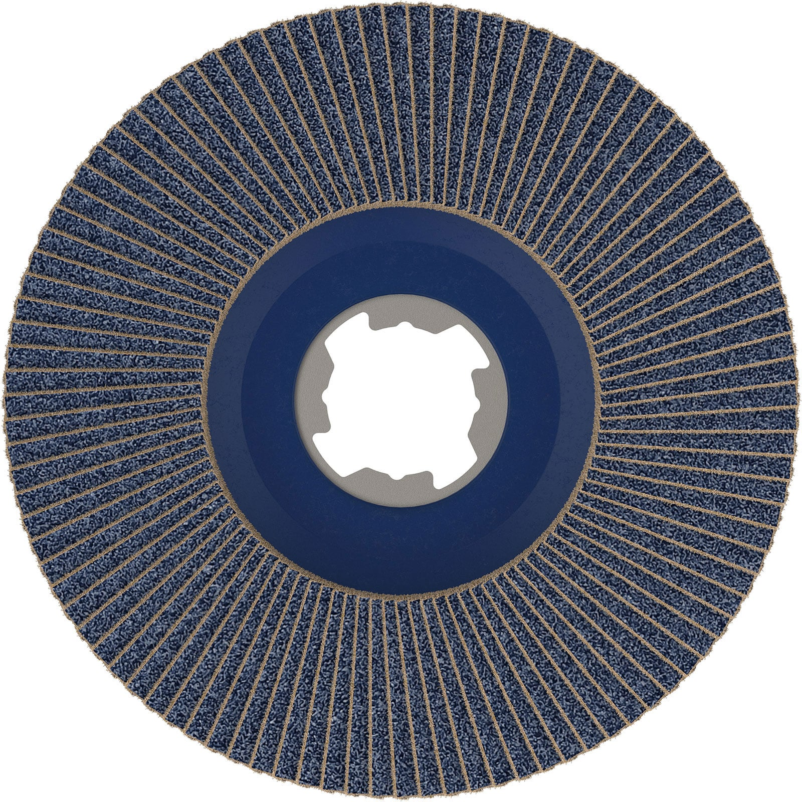 Disque à lamelles bleu avec des lamelles abrasives disposées radialement et un trou central.