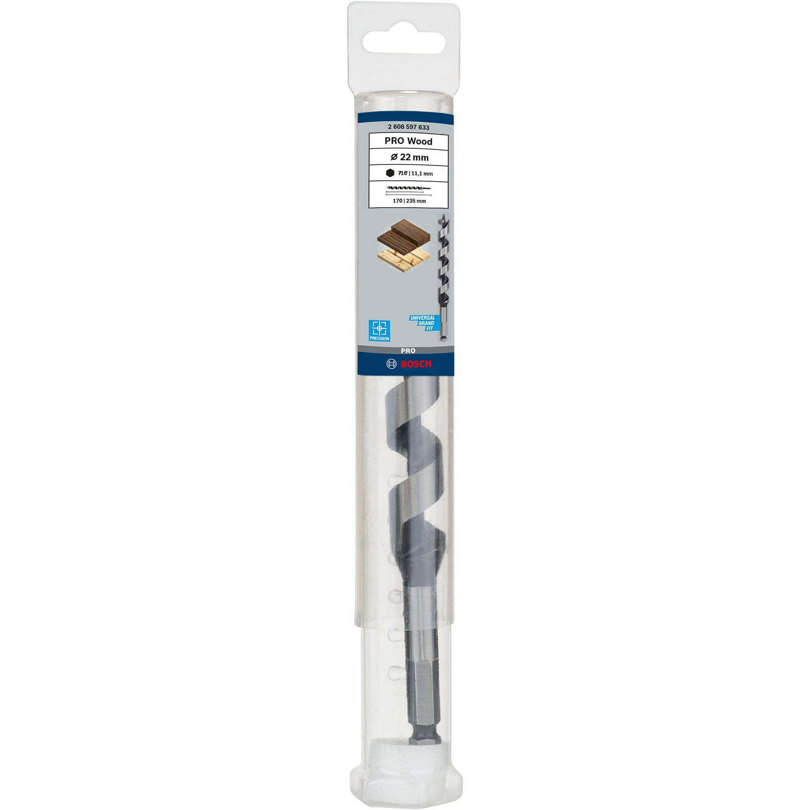 Bosch PRO Wood Schlangenbohrer in transparenter Kunststoffverpackung.