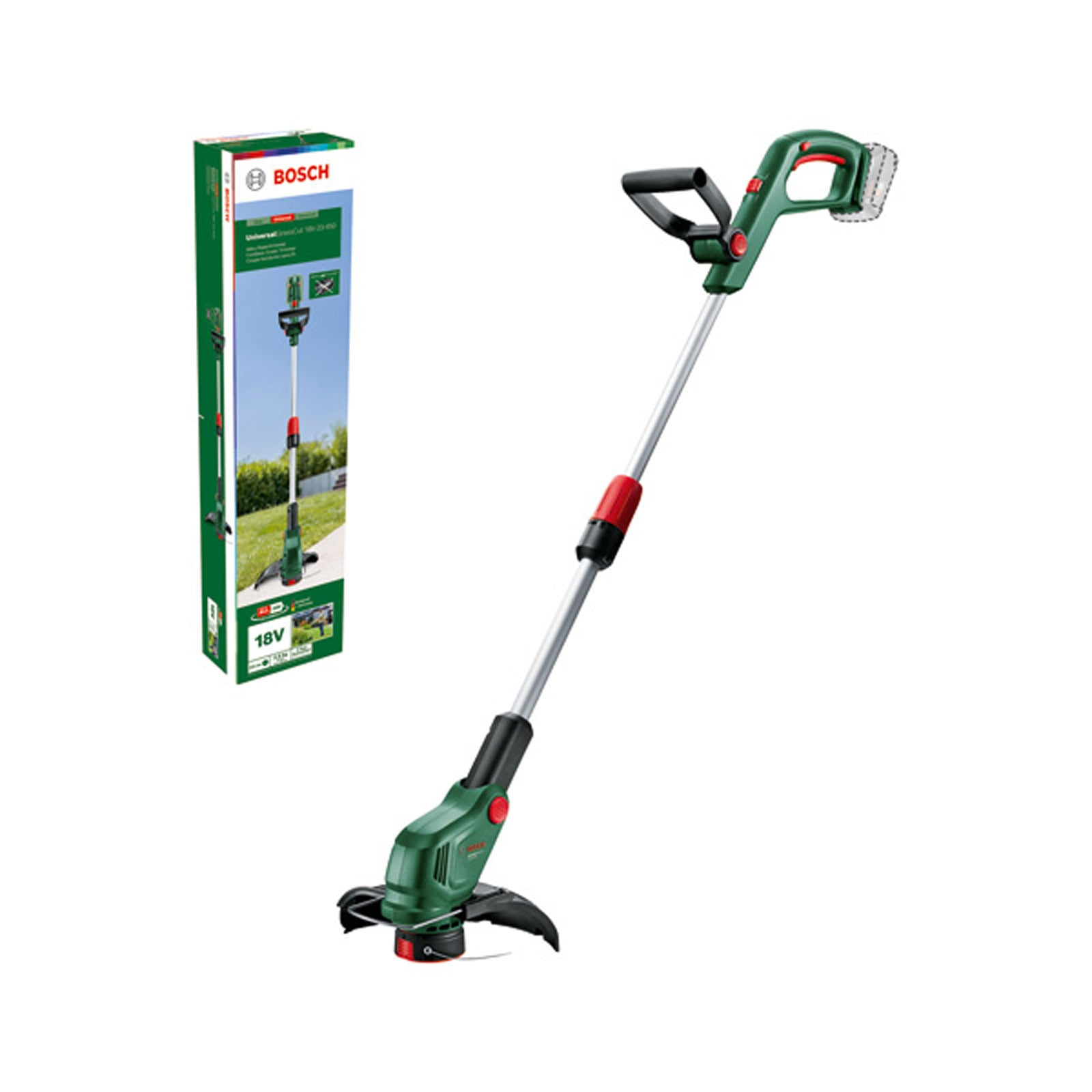 Ein Bosch 18V Akku-Rasentrimmer mit grün-silbernem Griff neben der Produktverpackung auf weißem Hintergrund.