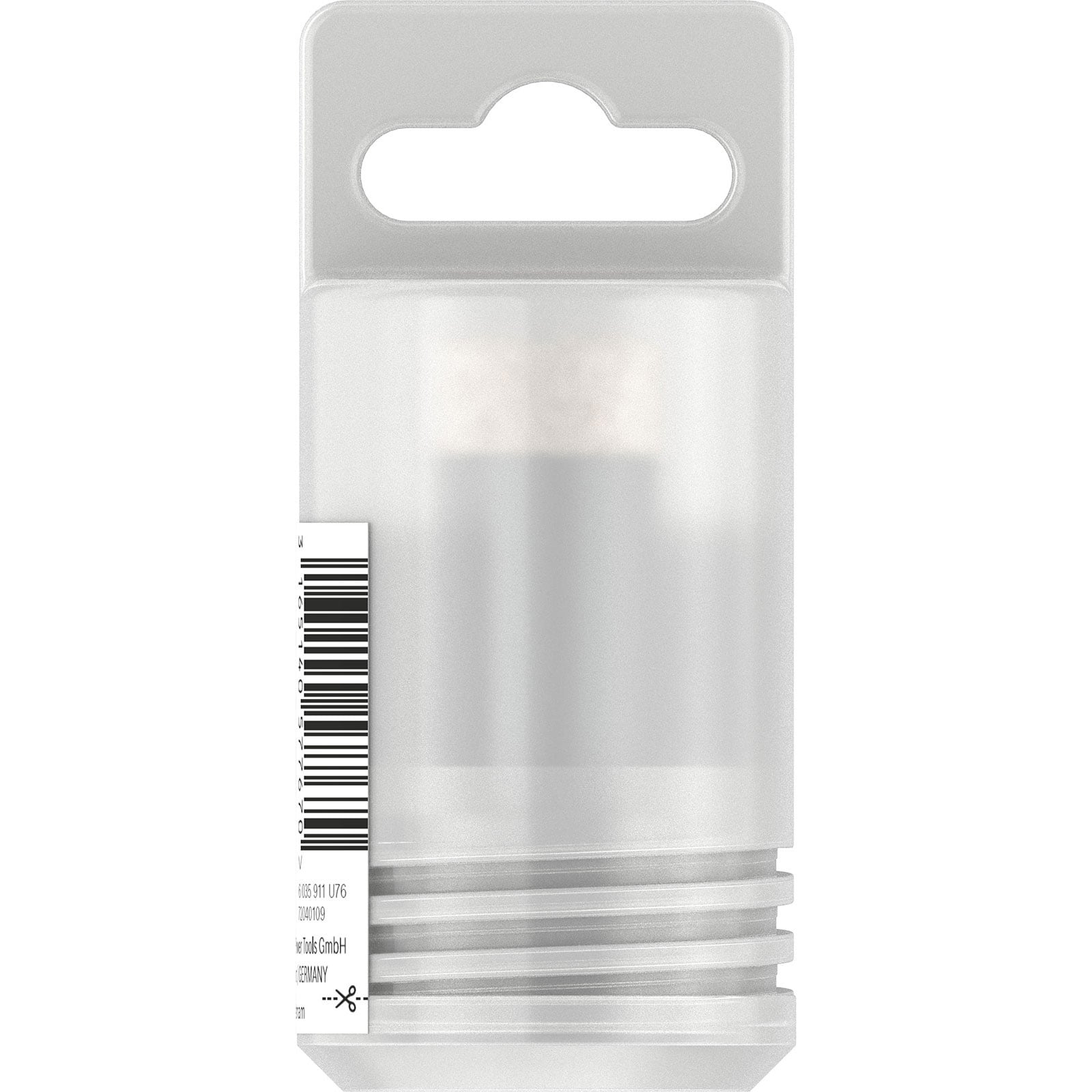 Ein lichtdurchlässiges Plastikröhrchen mit Hängeöse, Barcode-Aufkleber und gerilltem unteren Bereich.