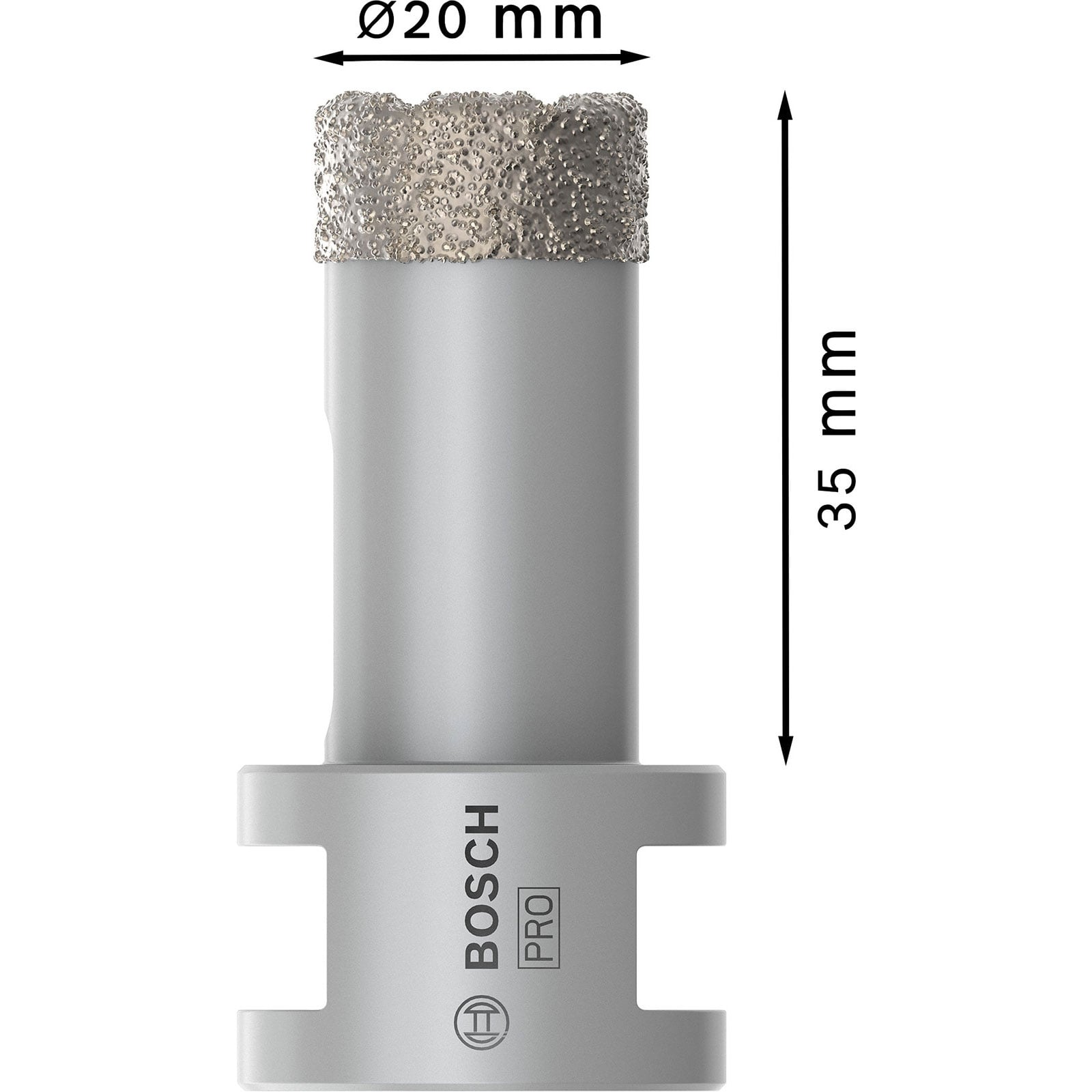 Bosch Diamant-Bohrkrone mit 20 mm Durchmesser und 35 mm Arbeitslänge vor weißem Hintergrund.