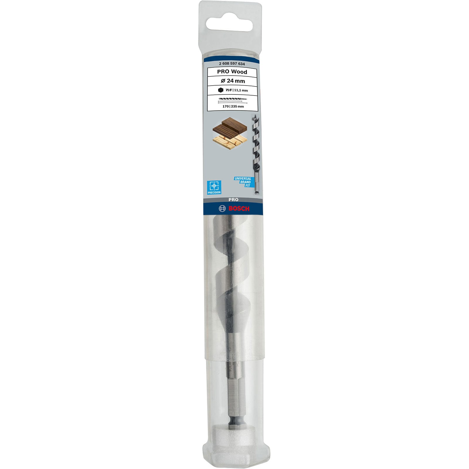 Verpackter Bosch PRO Wood Holzbohrer mit 24 mm Durchmesser in weißer und blauer Kartonage.