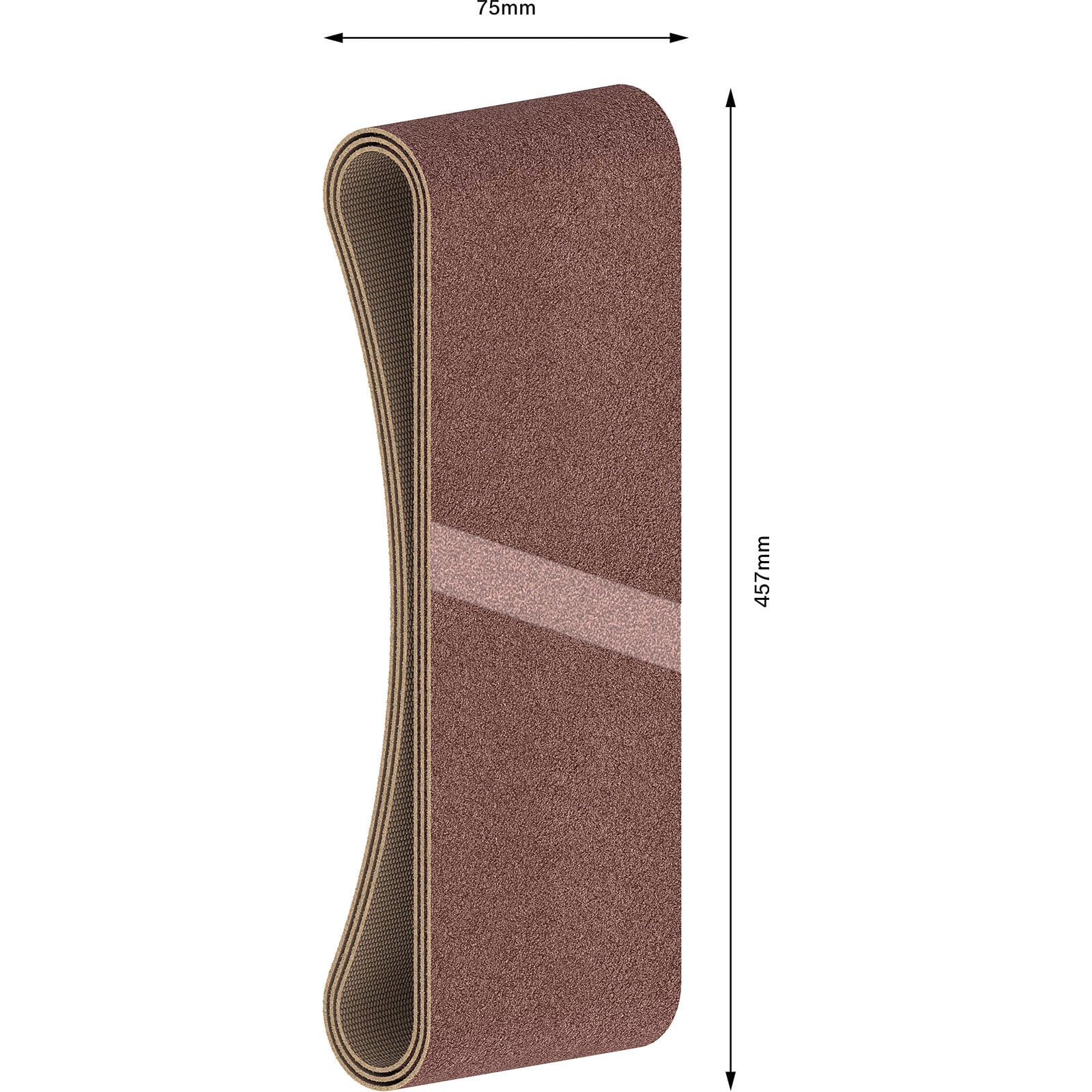 Ein braunes Schleifband, 75 mm breit und 457 mm lang, vor weißem Hintergrund.