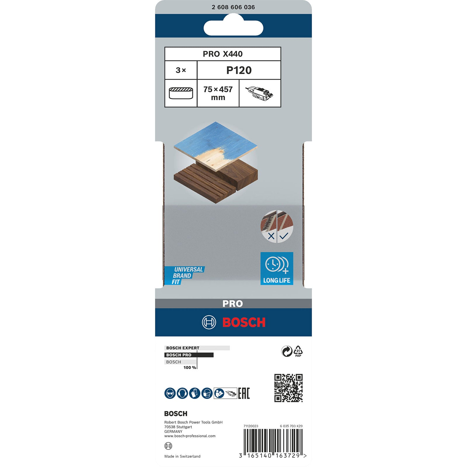 Verpackung für Bosch Pro X440 Schleifbänder mit Produktinformationen und Bosch-Logo auf weißem und grauem Hintergrund.
