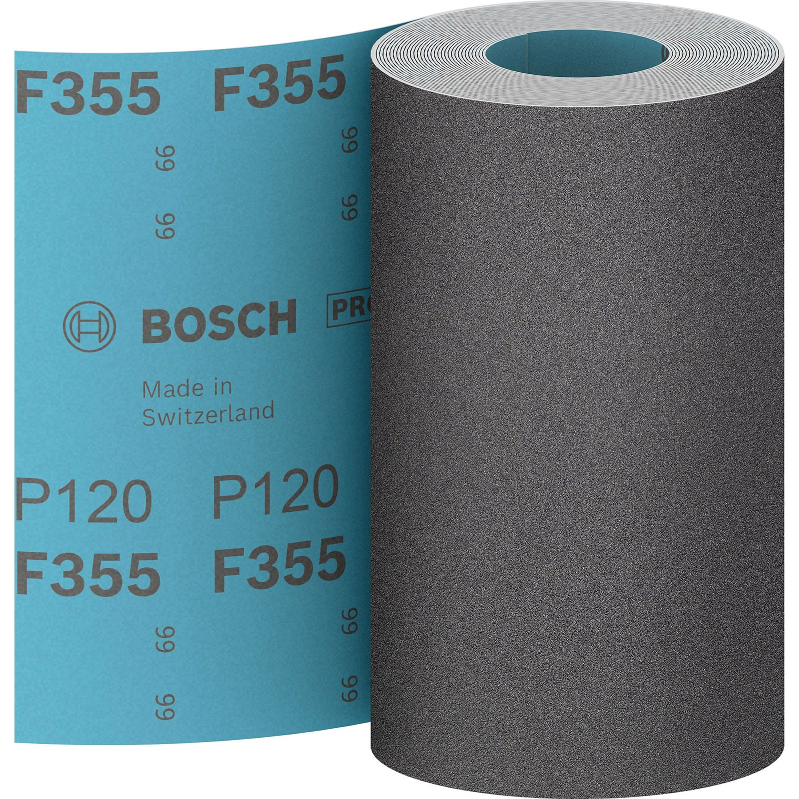 Eine Rolle blaues Bosch Schleifpapier P120 F355 mit schwarzer Körnung.