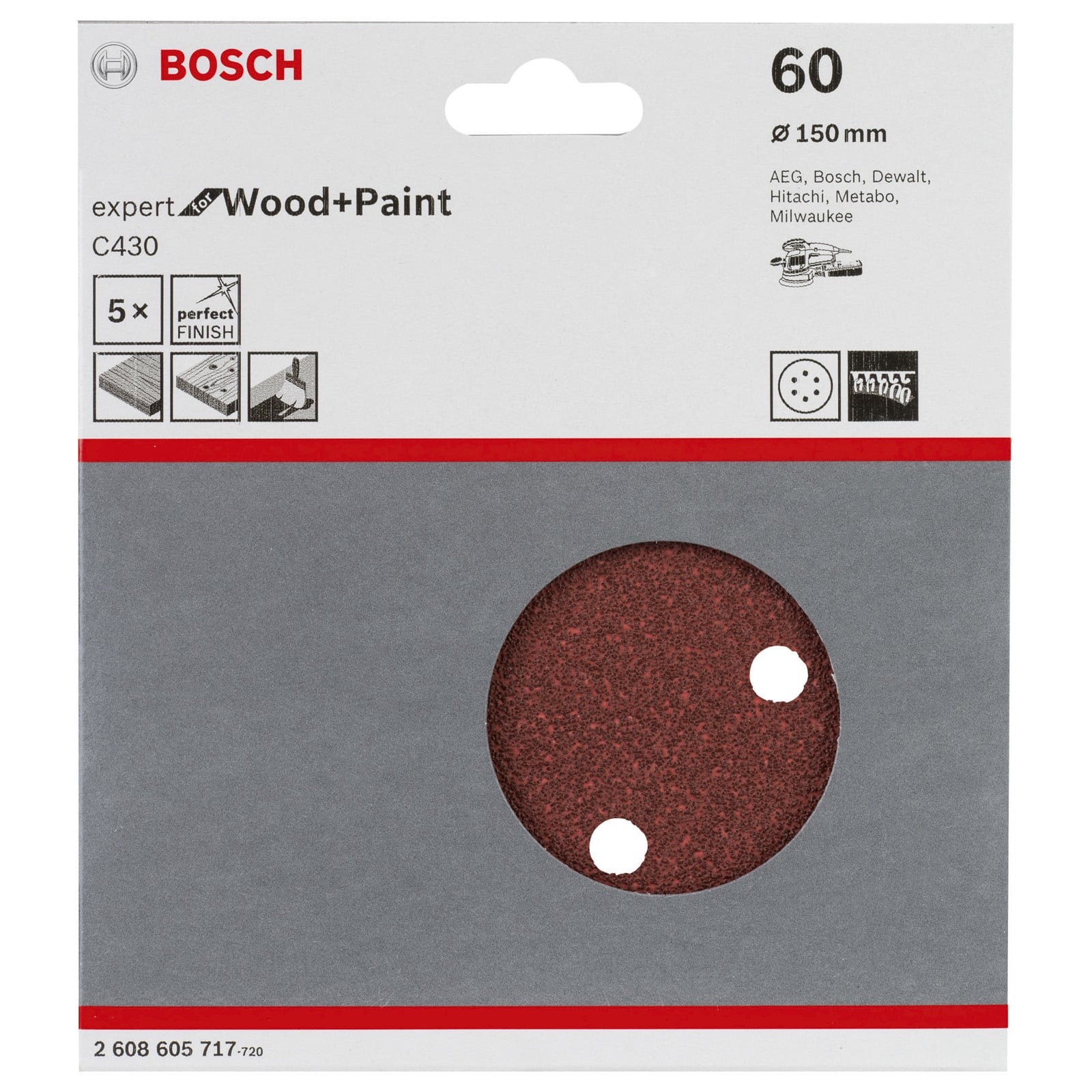 Bosch Schleifpapier C430, 150 mm Durchmesser, für Holz und Farbe in einer Verpackung.
