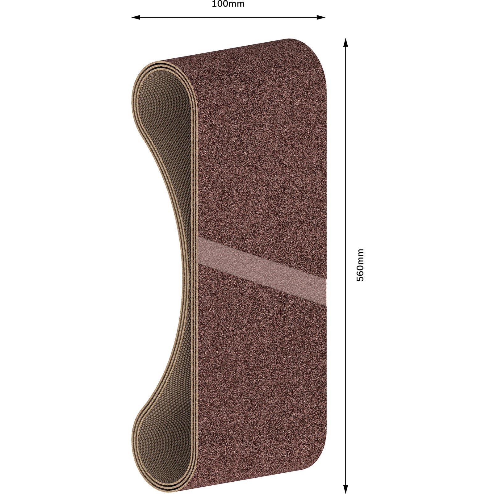 Ein braunes Schleifband, 100 mm breit und 560 mm hoch, mit Maßangaben.