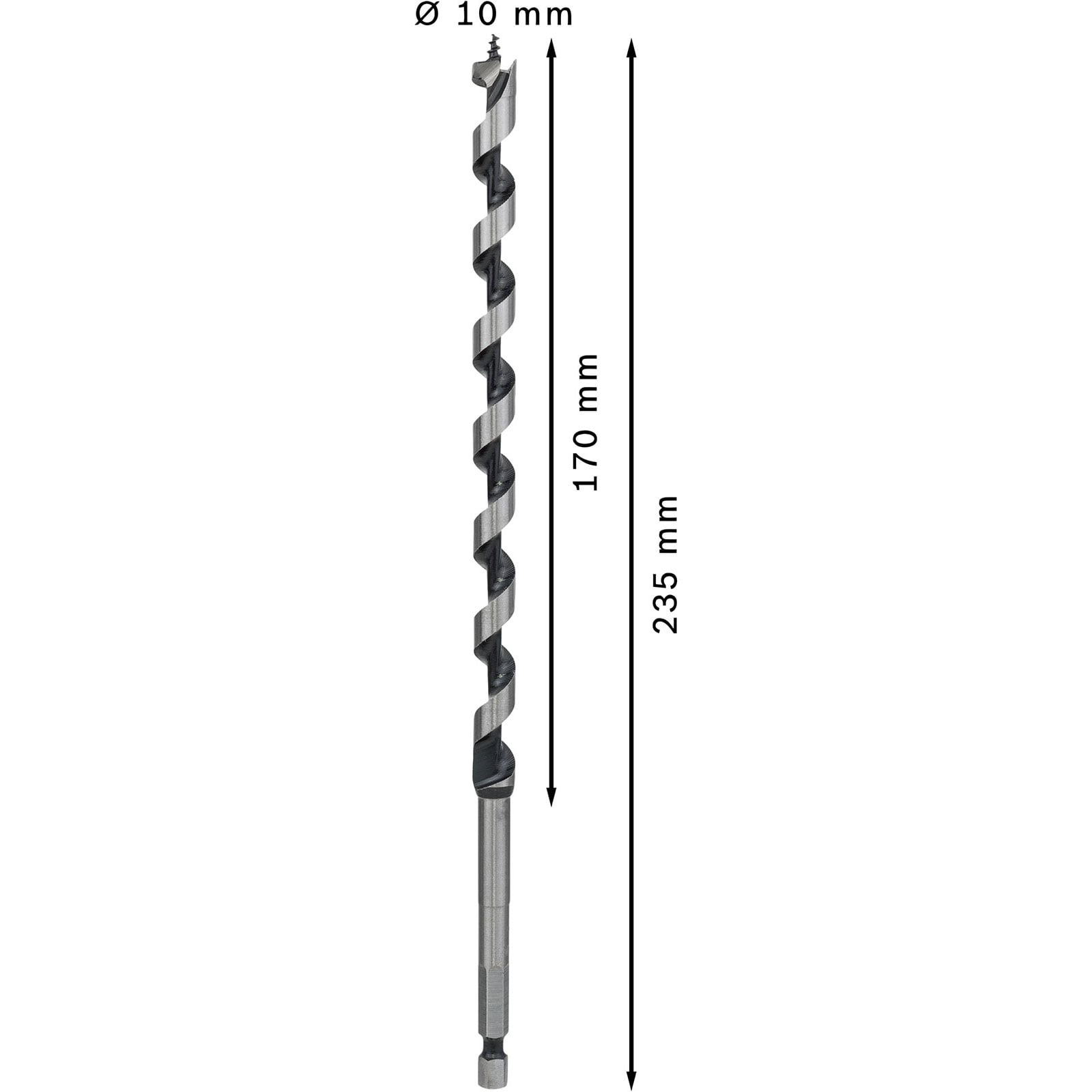 Ein 10 mm langer Holzbohrer mit 235 mm Gesamtlänge und 170 mm Spirallänge vor weißem Hintergrund.