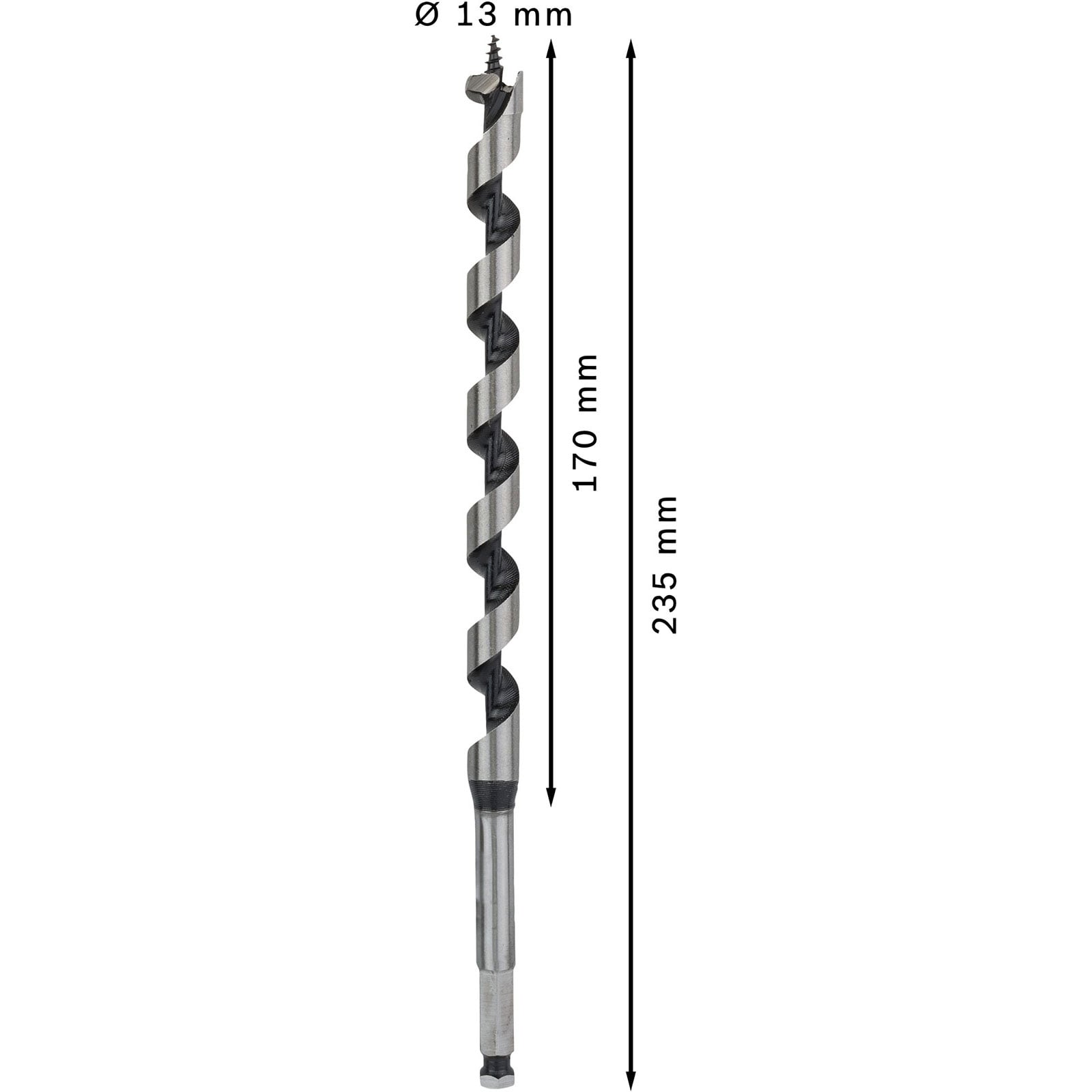Ein langer Spiralbohrer mit Maßangaben von 13 mm Durchmesser, 170 mm Arbeitslänge und 235 mm Gesamtlänge.
